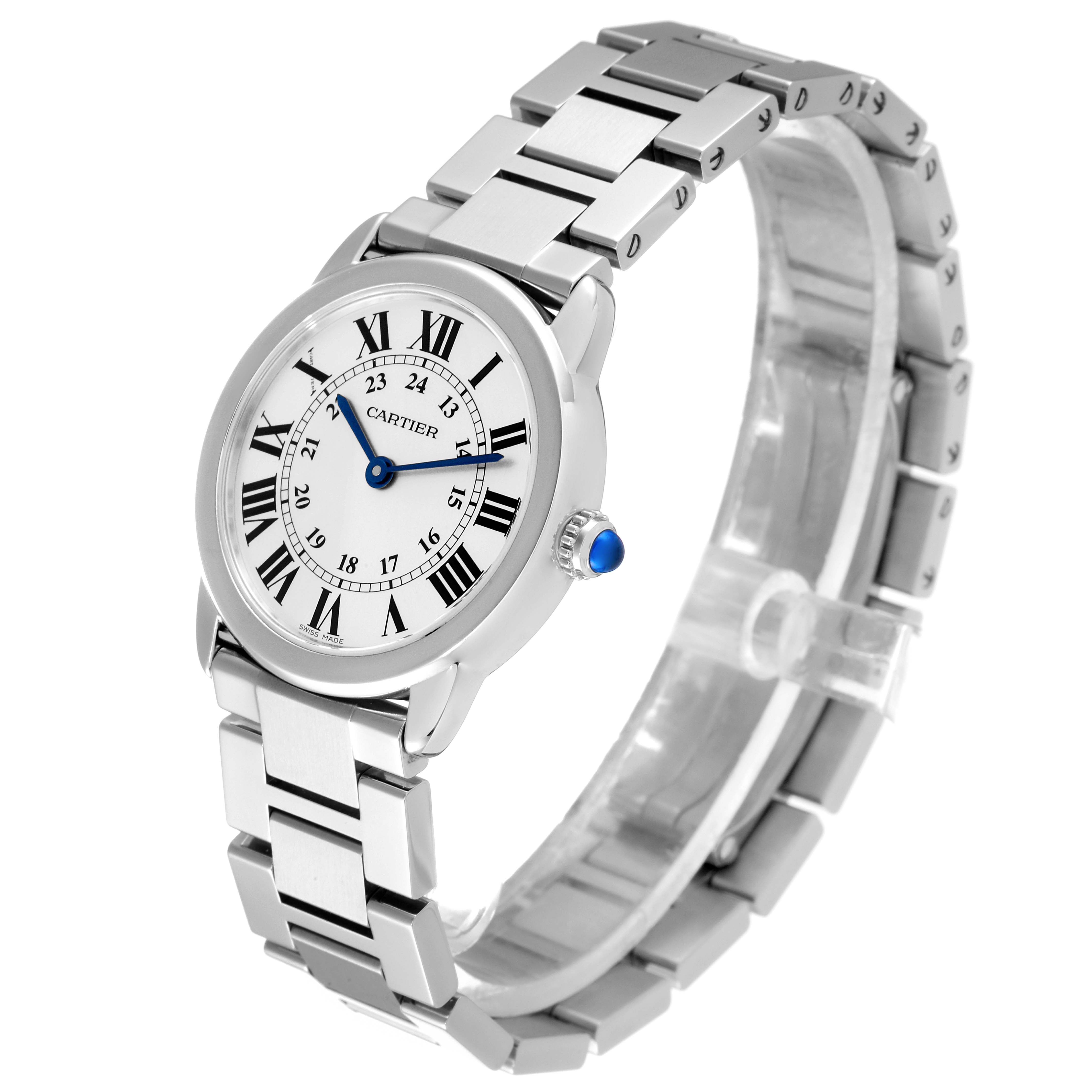 The image shows a side and front angle of the Cartier Ronde W6701004 Women's Stainless Steel Silver Dial W6701004 Women's Stainless Steel Silver Dial model watch, highlighting its dial, bezel, bracelet, and crown.