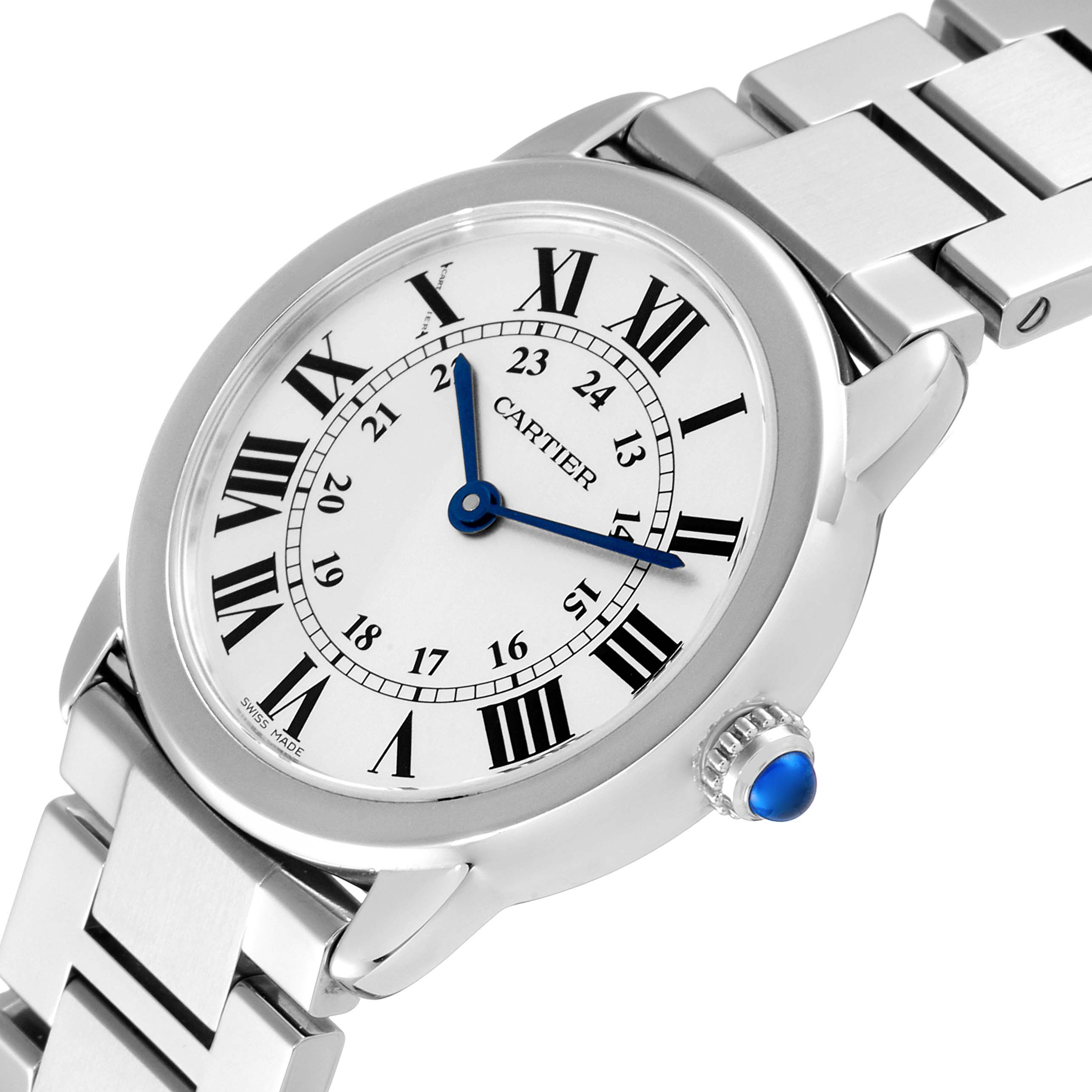The Cartier Ronde W6701004 Women's Stainless Steel Silver Dial W6701004 Women's Stainless Steel Silver Dial watch is shown at a three-quarter angle, displaying the face, bezel, crown, and part of the bracelet.
