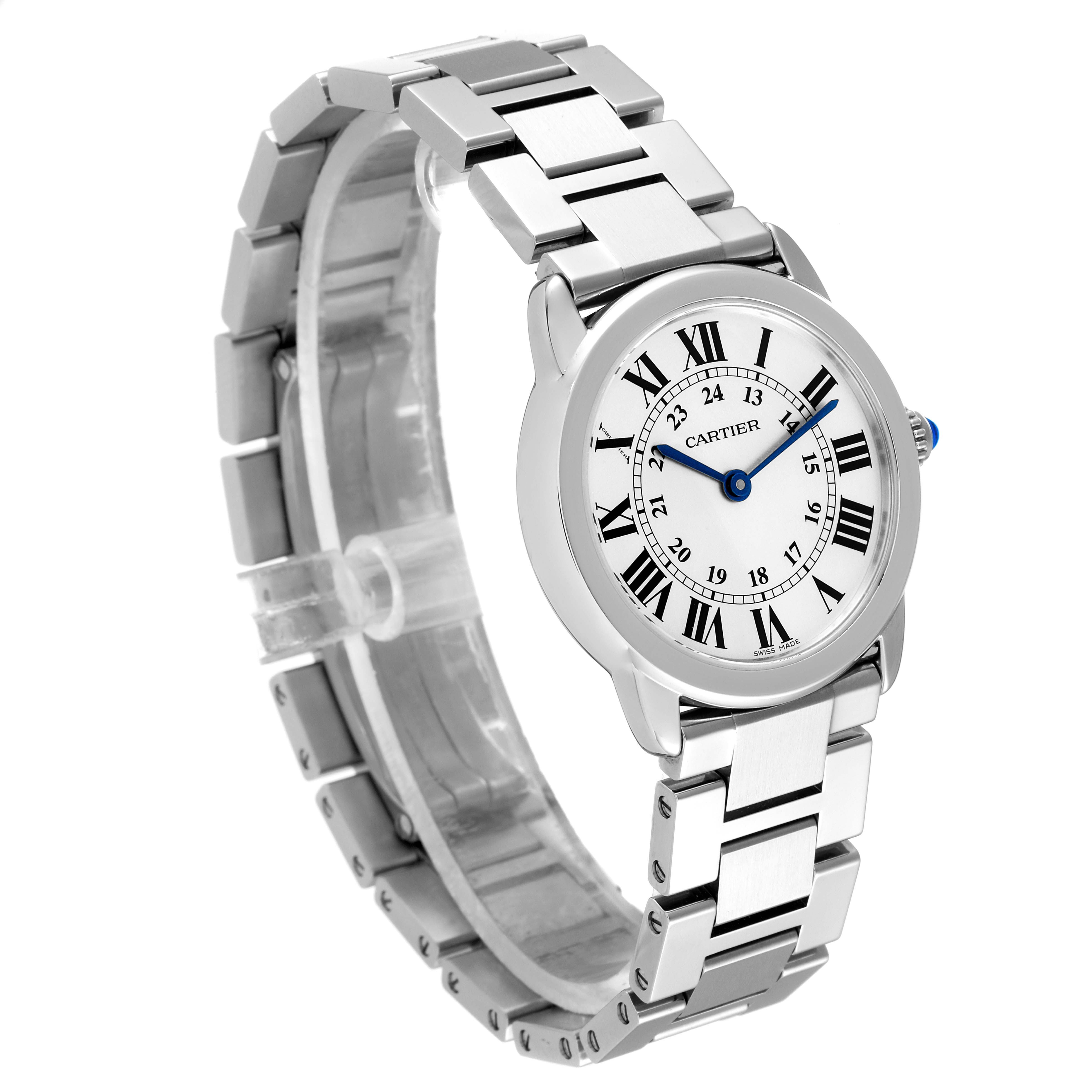 This image shows a Cartier Ronde W6701004 Women's Stainless Steel Silver Dial W6701004 Women's Stainless Steel Silver Dial watch from a front angle, highlighting the face and stainless steel bracelet.