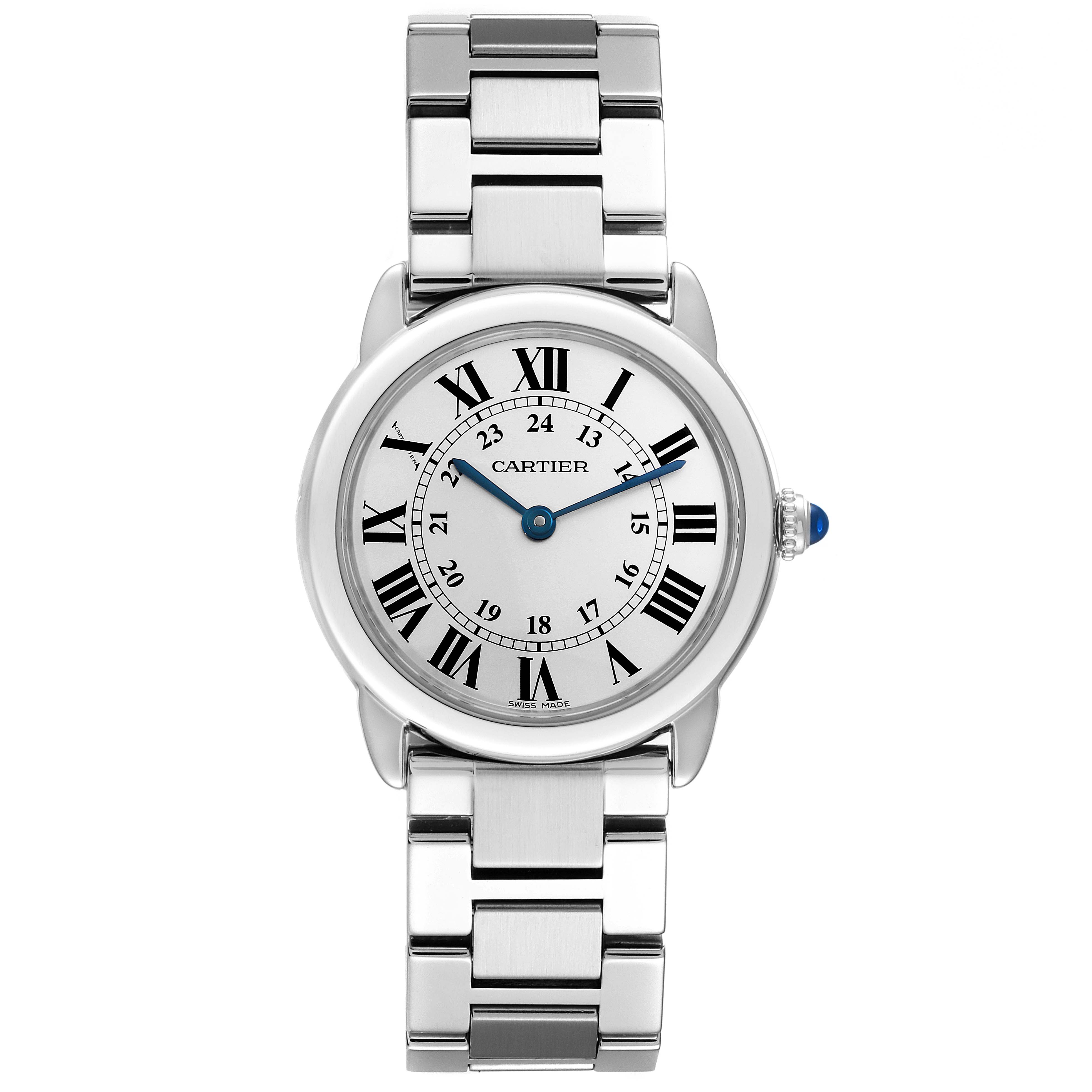The Cartier Ronde W6701004 Women's Stainless Steel Silver Dial W6701004 Women's Stainless Steel Silver Dial model watch is shown from a straight-on angle, displaying its face, hands, bracelet, and crown.