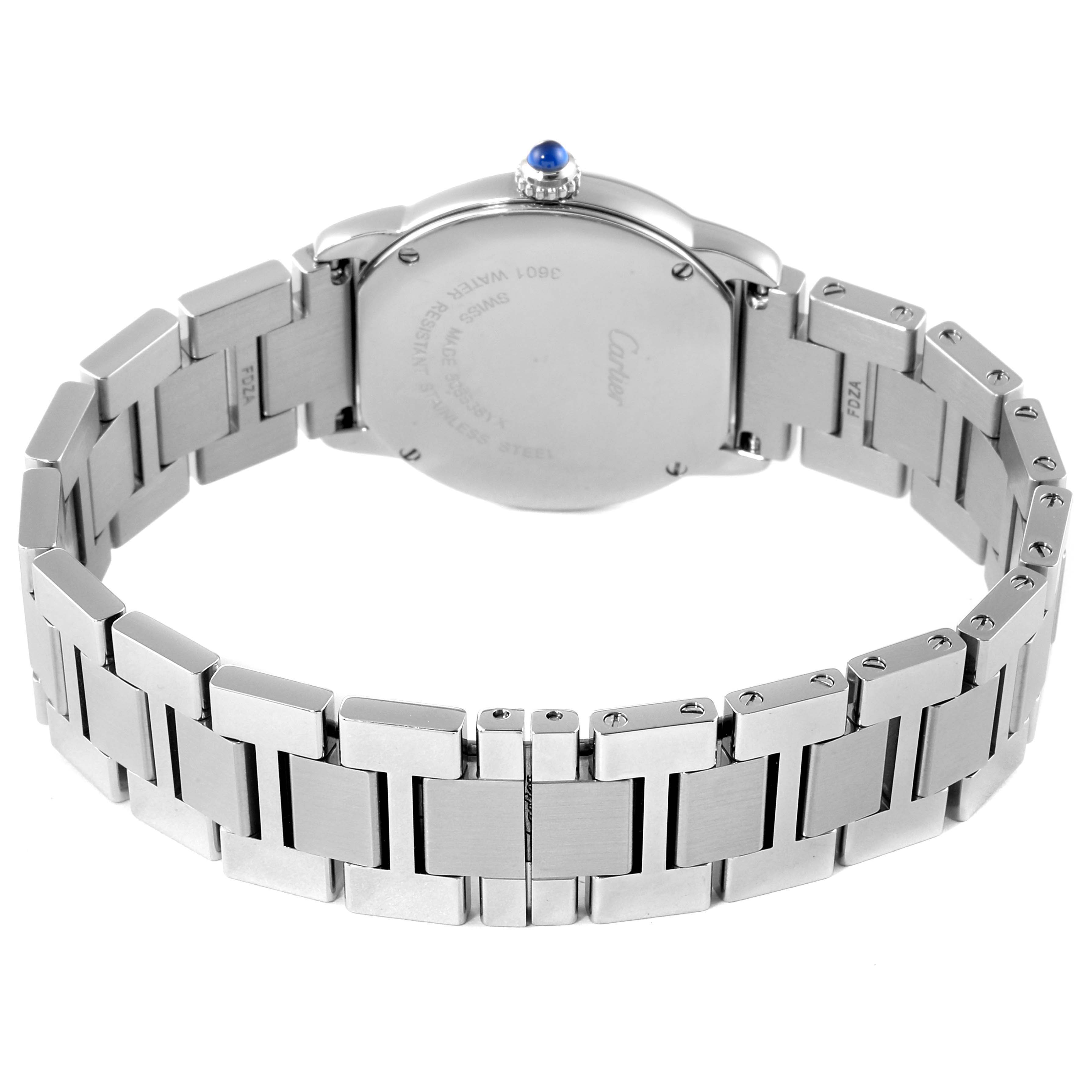 This image shows the back and bracelet of the Cartier Ronde W6701004 Women's Stainless Steel Silver Dial W6701004 Women's Stainless Steel Silver Dial watch, highlighting its clasp and engraved case back.