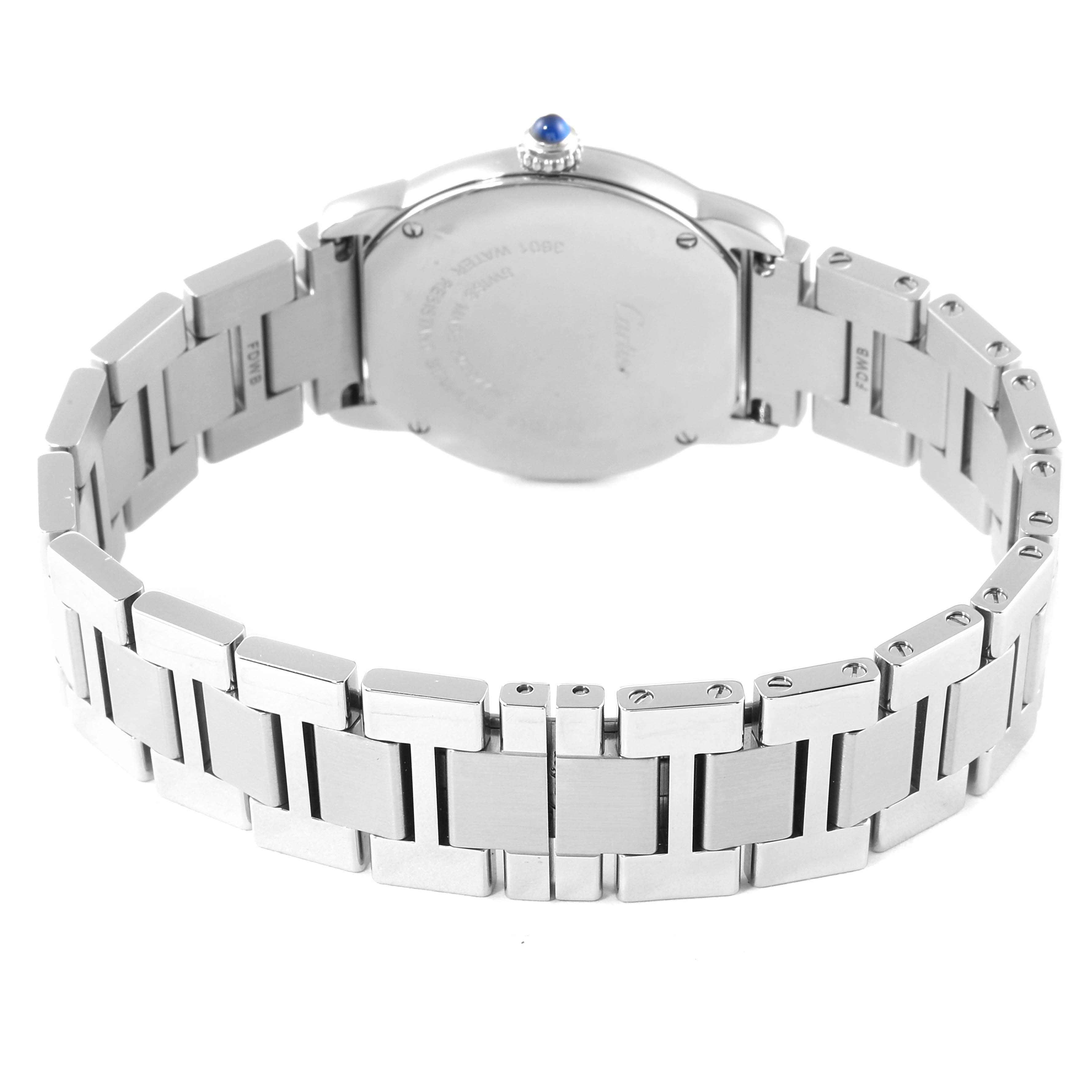 The image shows the back view of the bracelet and case of a Cartier Ronde W6701004 Women's Stainless Steel Silver Dial W6701004 Women's Stainless Steel Silver Dial watch.