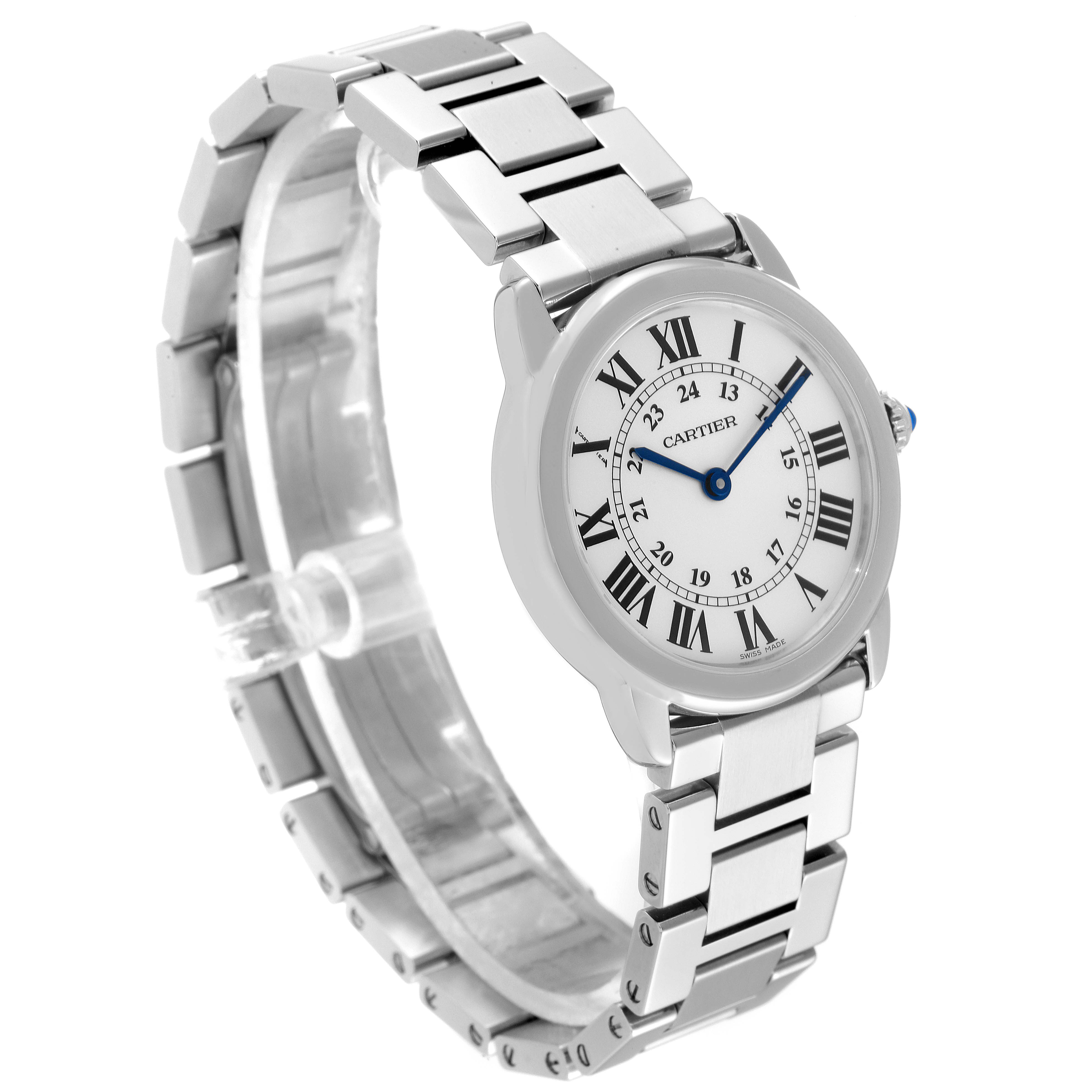 The image shows a Cartier Ronde W6701004 Women's Stainless Steel Silver Dial W6701004 Women's Stainless Steel Silver Dial watch from a three-quarter angle, highlighting the face, bezel, case, crown, and bracelet.