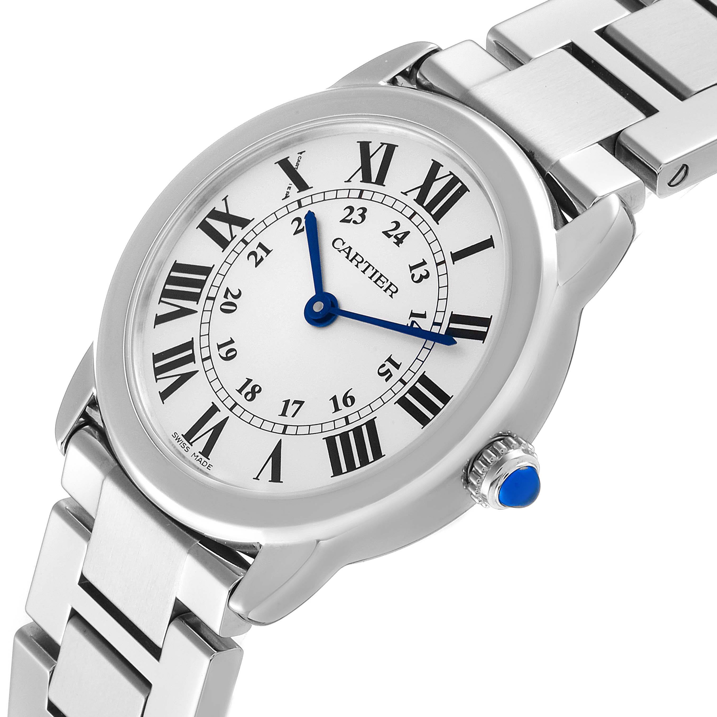 The image shows a Cartier Ronde W6701004 Women's Stainless Steel Silver Dial W6701004 Women's Stainless Steel Silver Dial watch at an angled view, highlighting its face, stainless steel bracelet, and blue cabochon crown.
