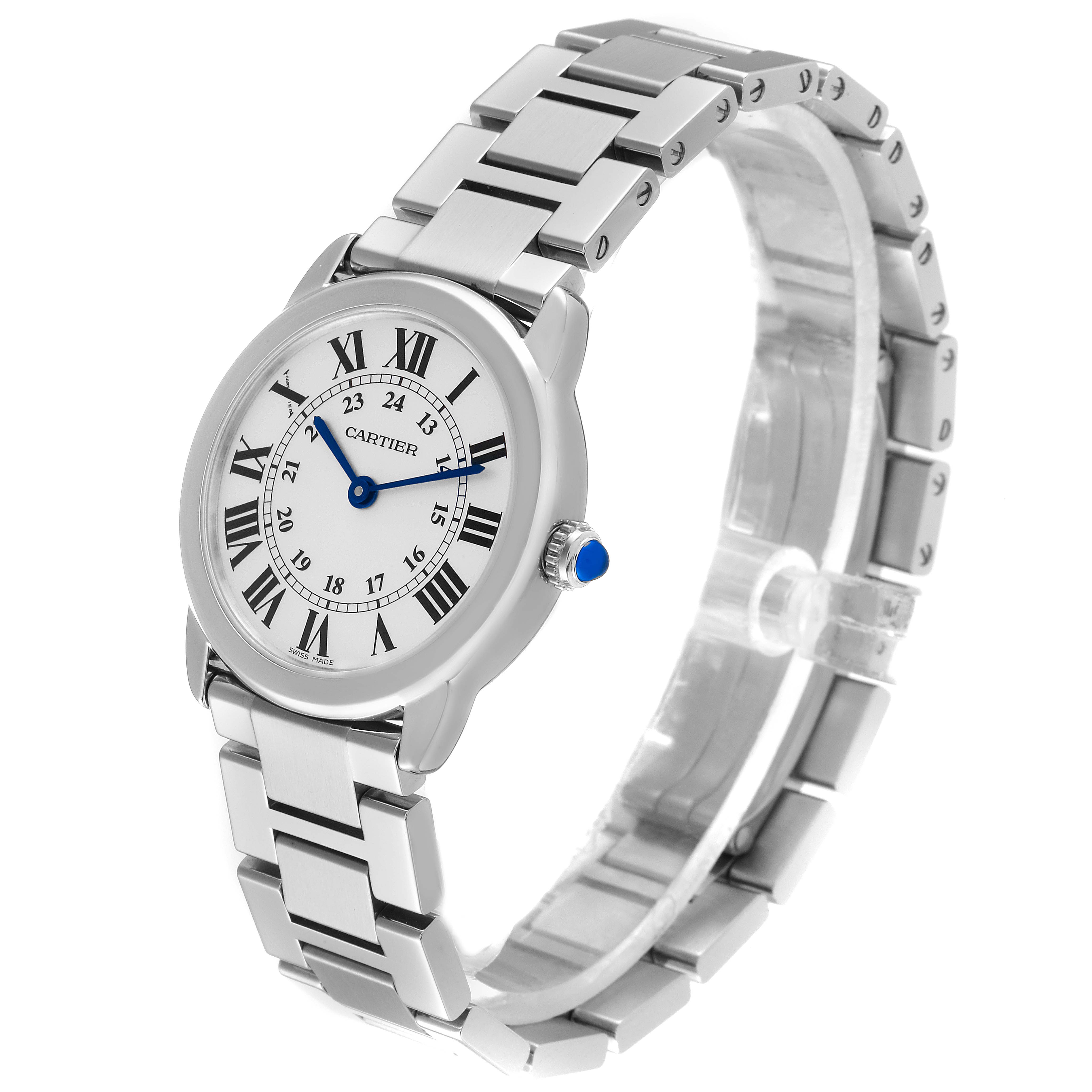 The image shows a side angle view of the Cartier Ronde W6701004 Women's Stainless Steel Silver Dial W6701004 Women's Stainless Steel Silver Dial watch, highlighting its face, bezel, crown, and metal bracelet.