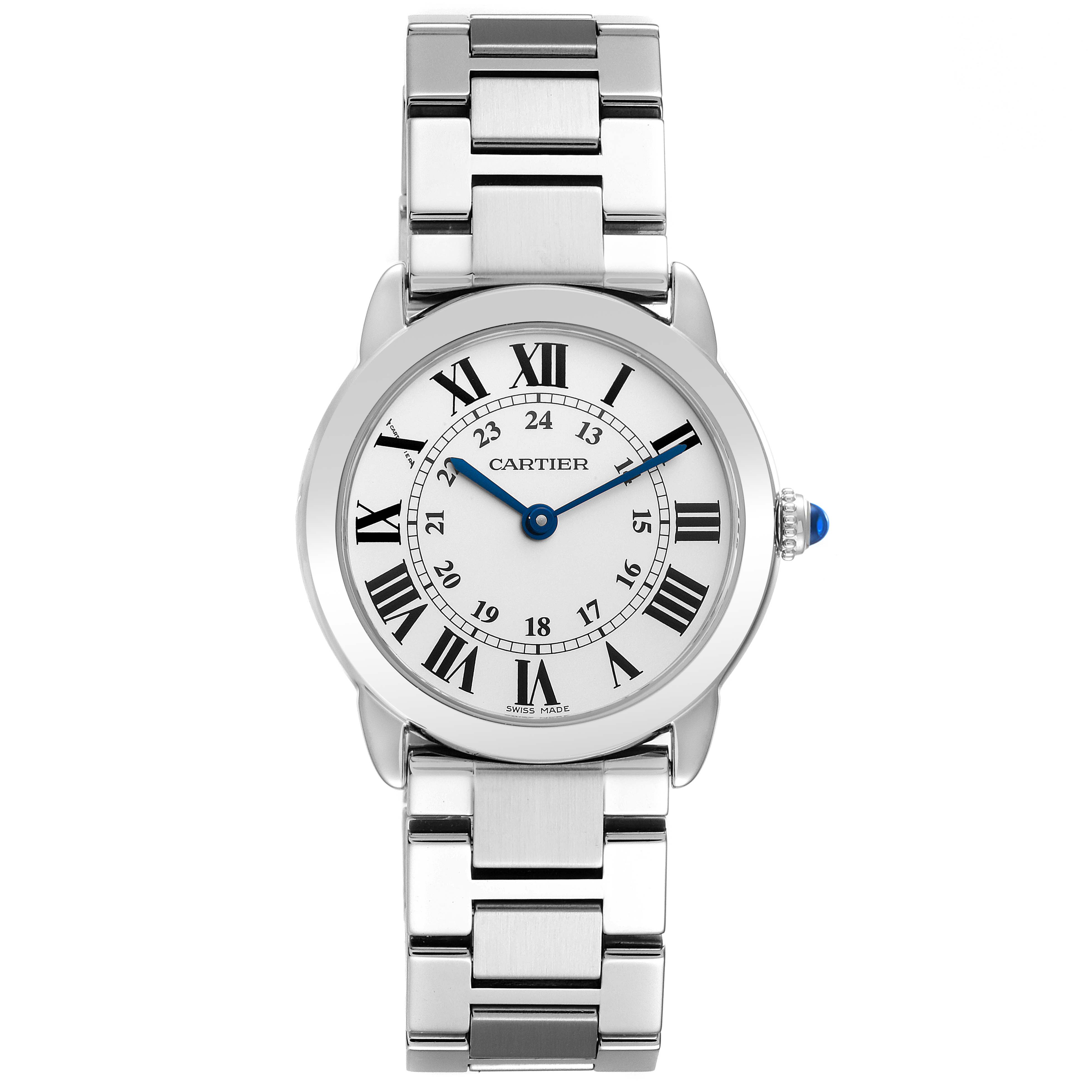 The image shows a Cartier Ronde W6701004 Women's Stainless Steel Silver Dial W6701004 Women's Stainless Steel Silver Dial watch from a front angle, displaying the face, Roman numeral markers, and metal bracelet.