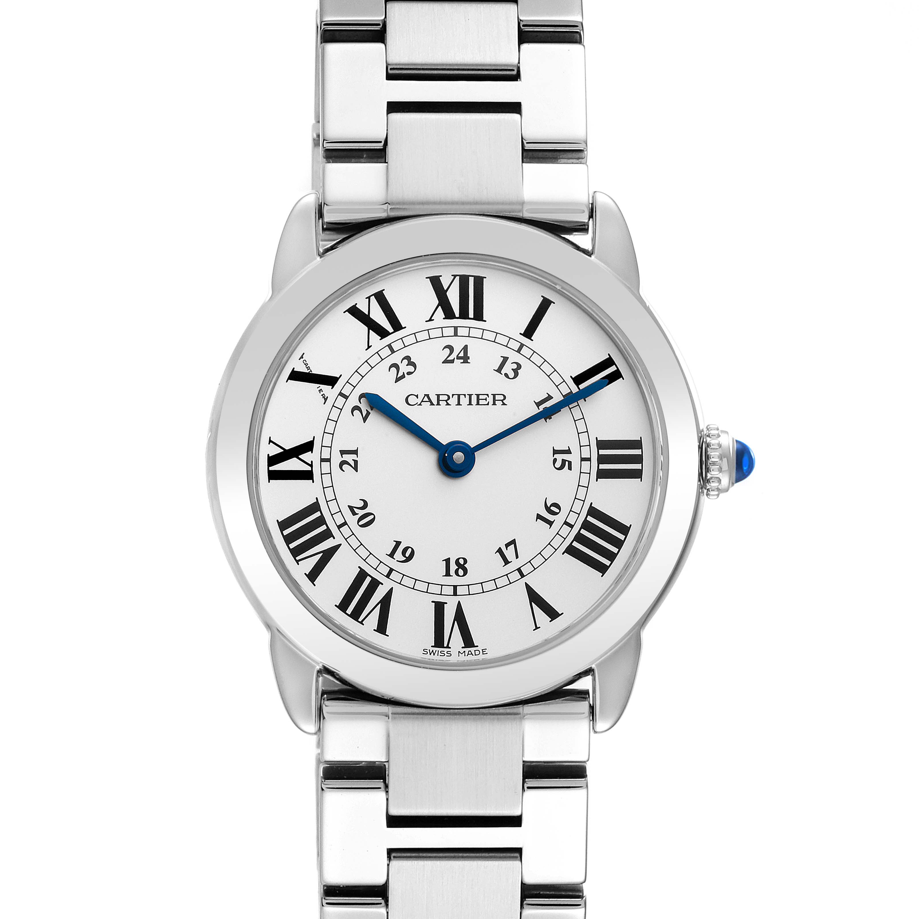 This image shows a front view of the Cartier Ronde W6701004 Women's Stainless Steel Silver Dial W6701004 Women's Stainless Steel Silver Dial model watch, featuring the dial, hands, case, and part of the bracelet.