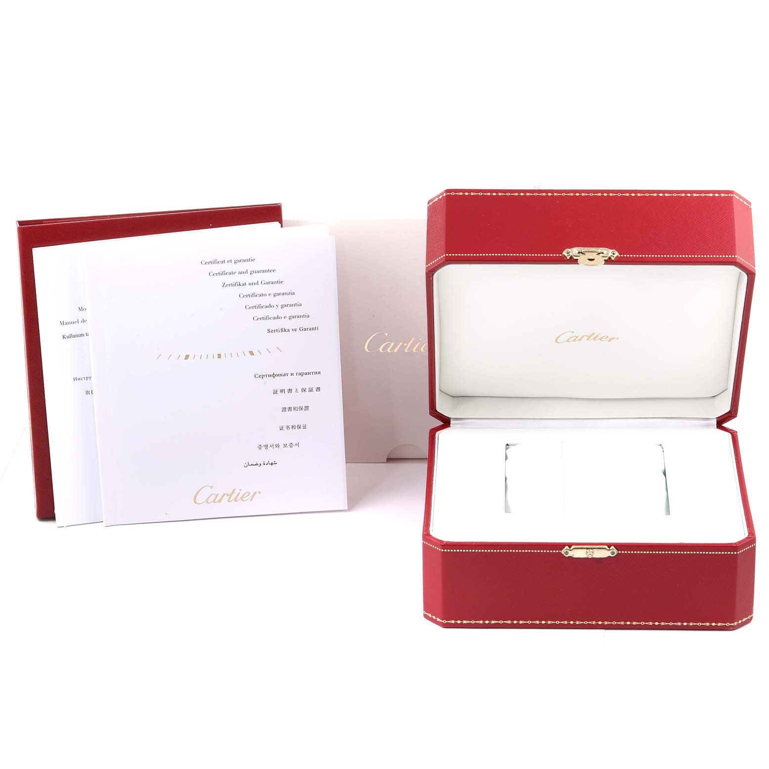 The image shows a red Cartier Ronde W6701004 Women's Stainless Steel Silver Dial W6701004 Women's Stainless Steel Silver Dial watch box and accompanying warranty booklets.