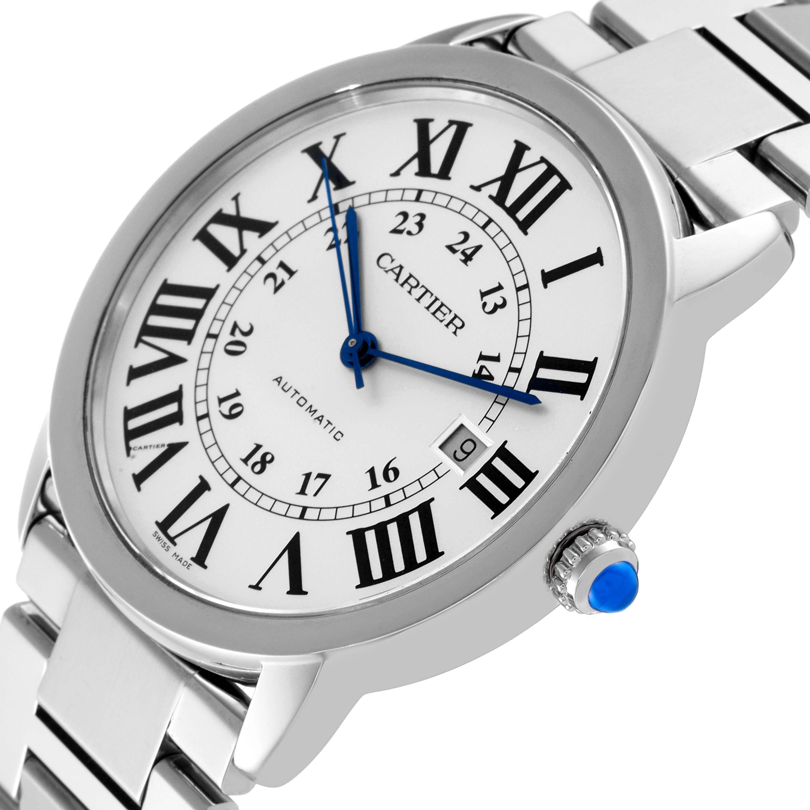 This image shows a close-up angle of the dial, bezel, crown, and part of the bracelet of the Cartier Ronde W6701011 Men
s Stainless Steel Silver Dial W6701011 Men
s Stainless Steel Silver Dial watch.