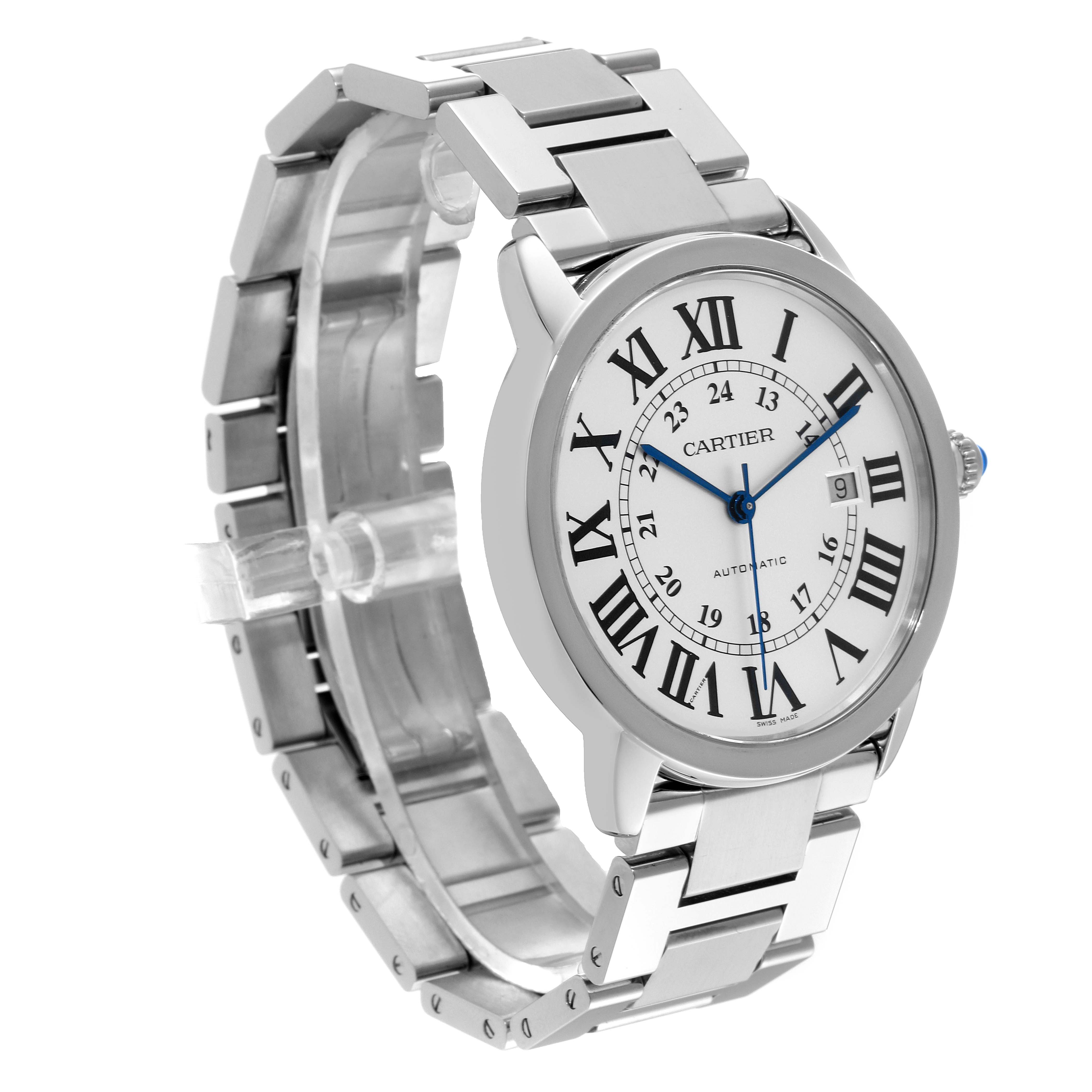 The Cartier Ronde W6701011 Men
s Stainless Steel Silver Dial W6701011 Men
s Stainless Steel Silver Dial watch is shown at an angle displaying its face, metal bracelet, and side profile.