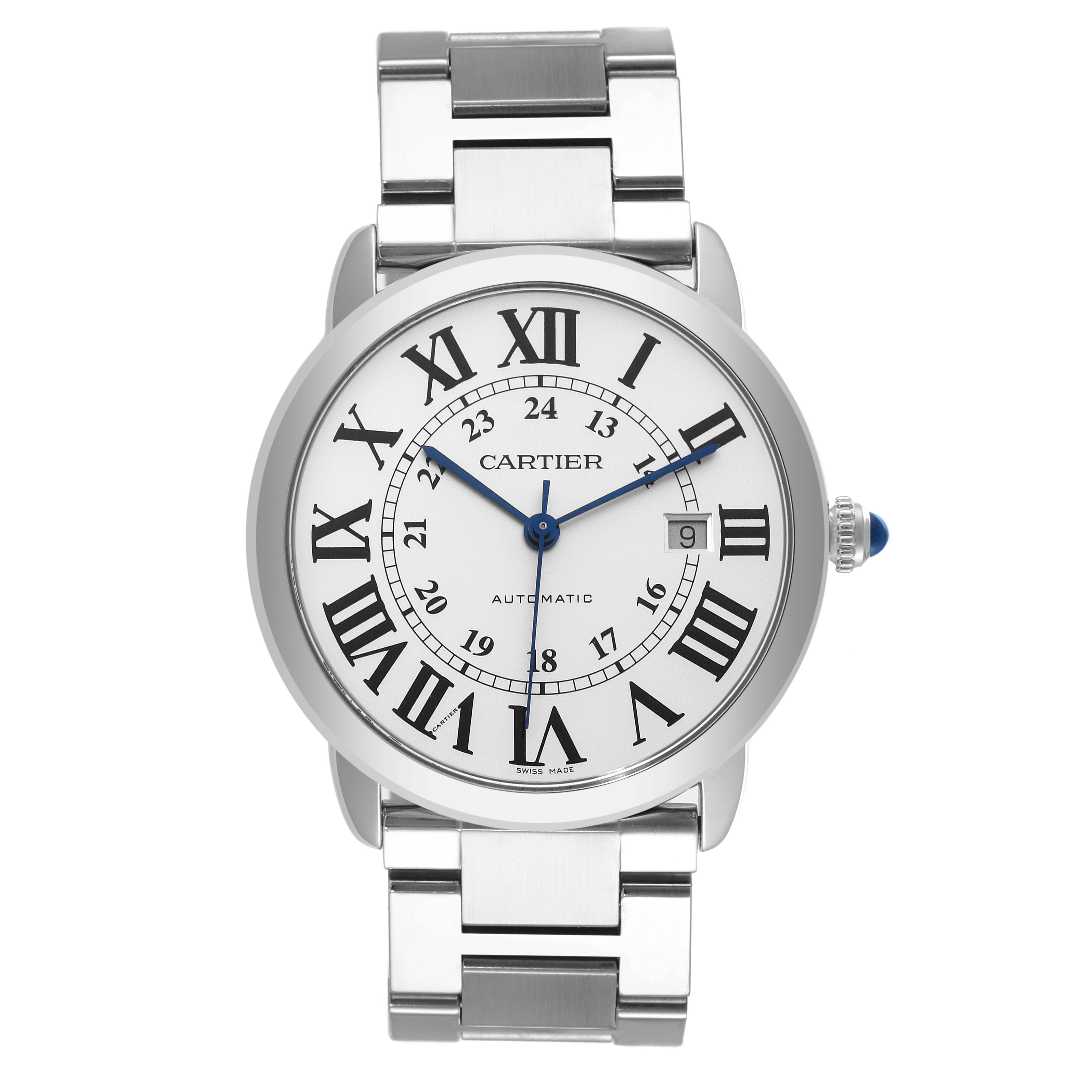 This image shows a front view of the Cartier Ronde W6701011 Men
s Stainless Steel Silver Dial W6701011 Men
s Stainless Steel Silver Dial watch, displaying its dial, hour markers, and metal bracelet.