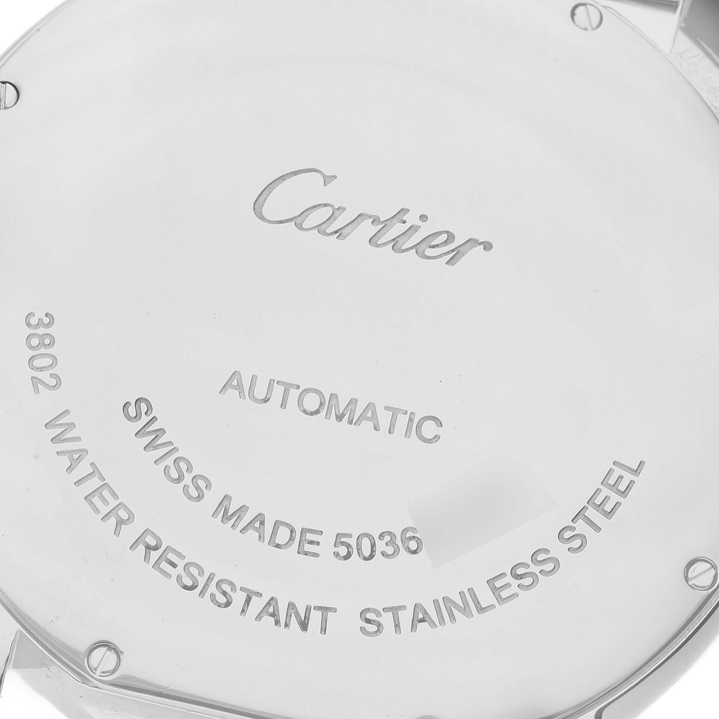 This image shows the back case of the Cartier Ronde W6701011 Men
s Stainless Steel Silver Dial W6701011 Men
s Stainless Steel Silver Dial watch, highlighting its specifications and brand engraving.