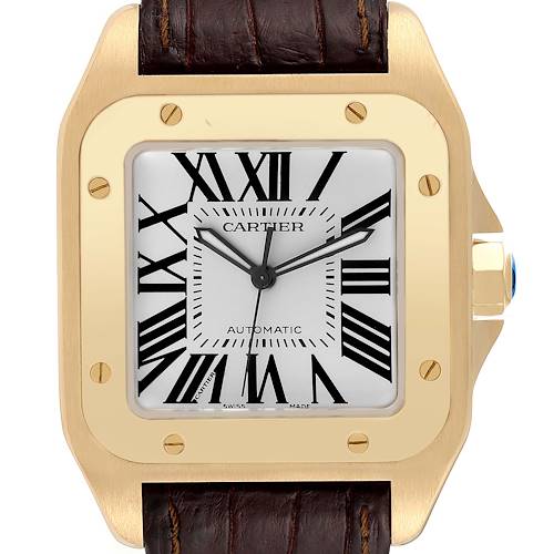 Photo of Cartier Santos 100  Yellow Gold Brown Strap Mens Watch W20071Y1