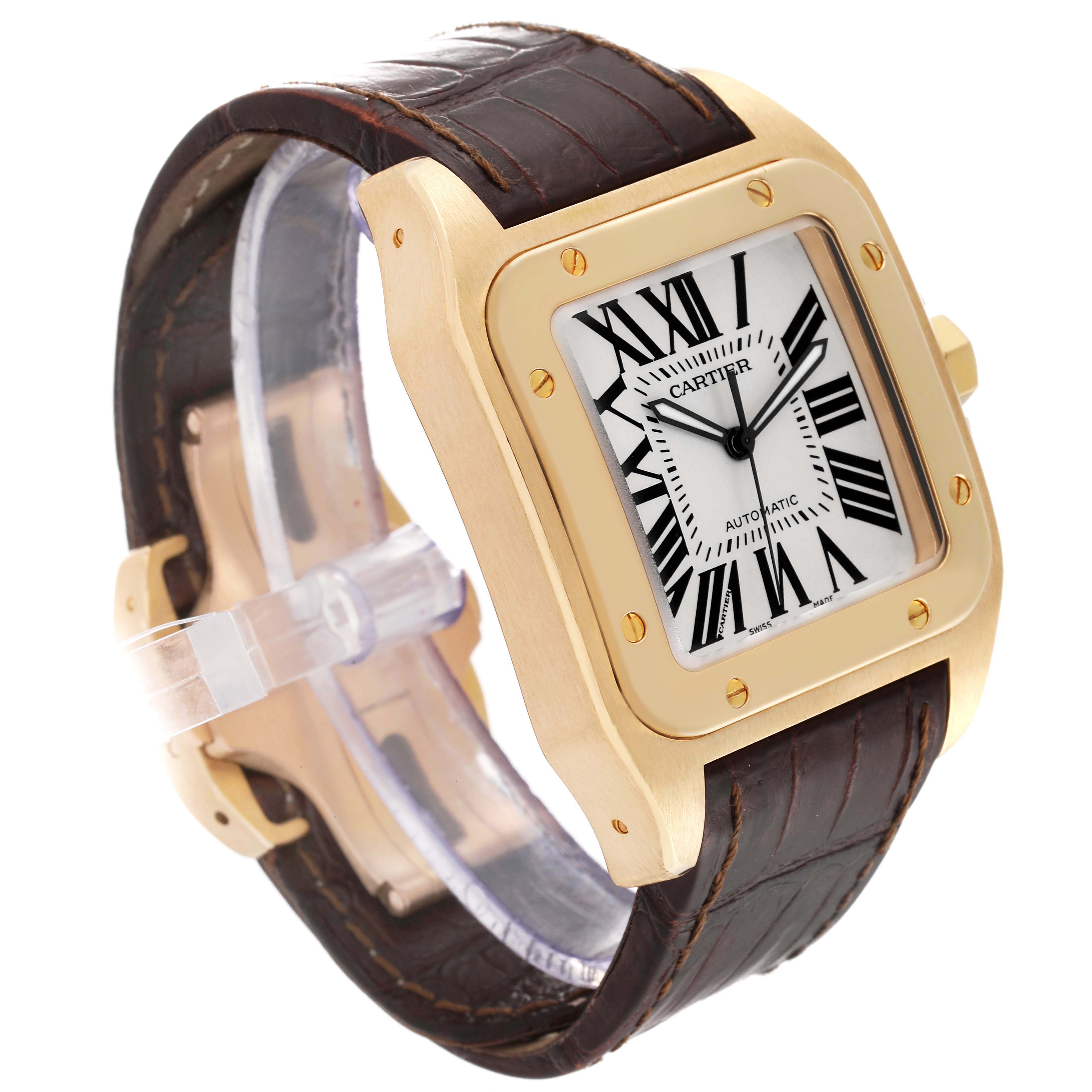 Cartier Santos 100 Yellow Gold Brown Strap Mens Watch W20071Y1 ...