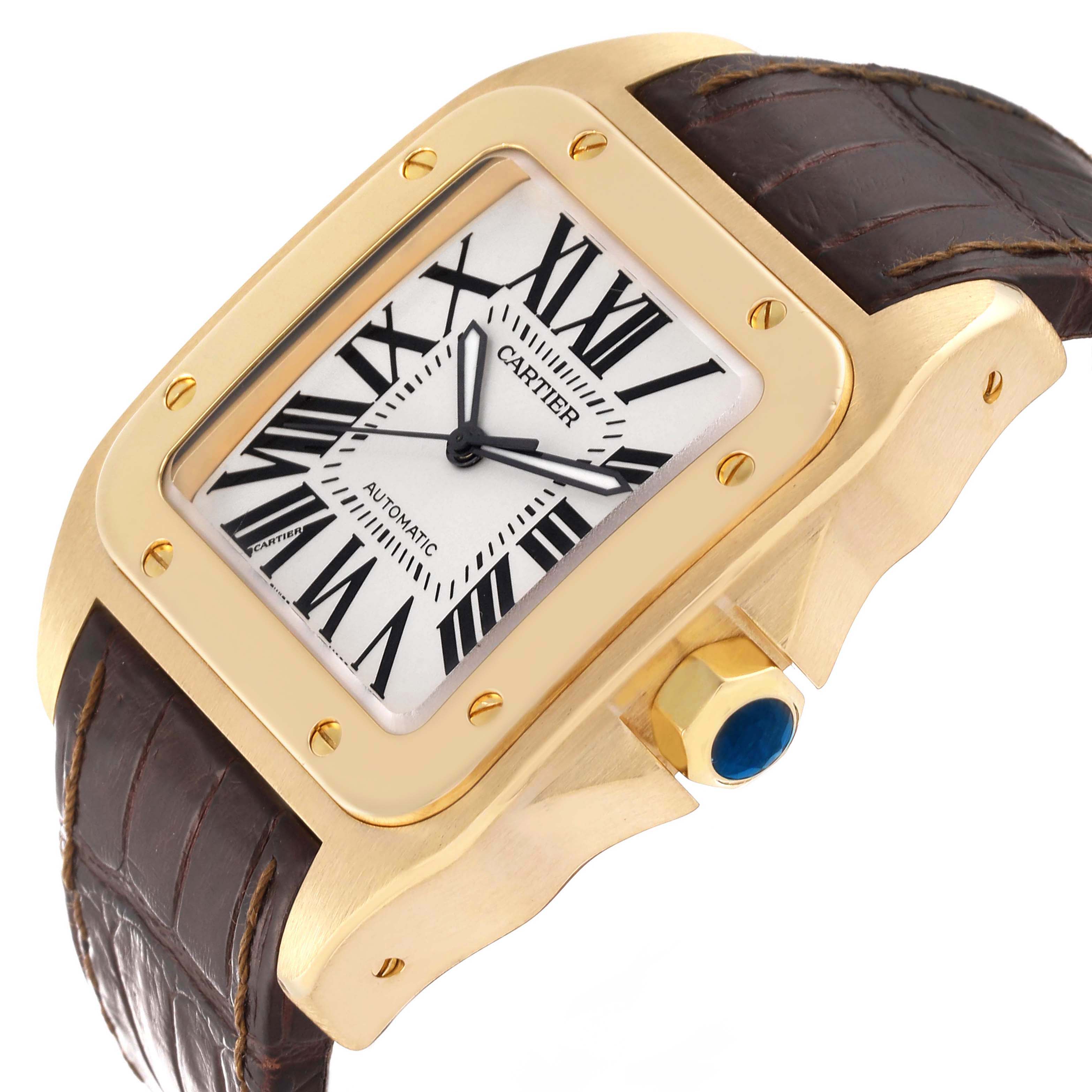 The image shows a close-up, angled view of the dial, crown, and part of the strap of a Cartier Santos W20071Y1 Men's Yellow Gold Silver Dial W20071Y1 Men's Yellow Gold Silver Dial watch.