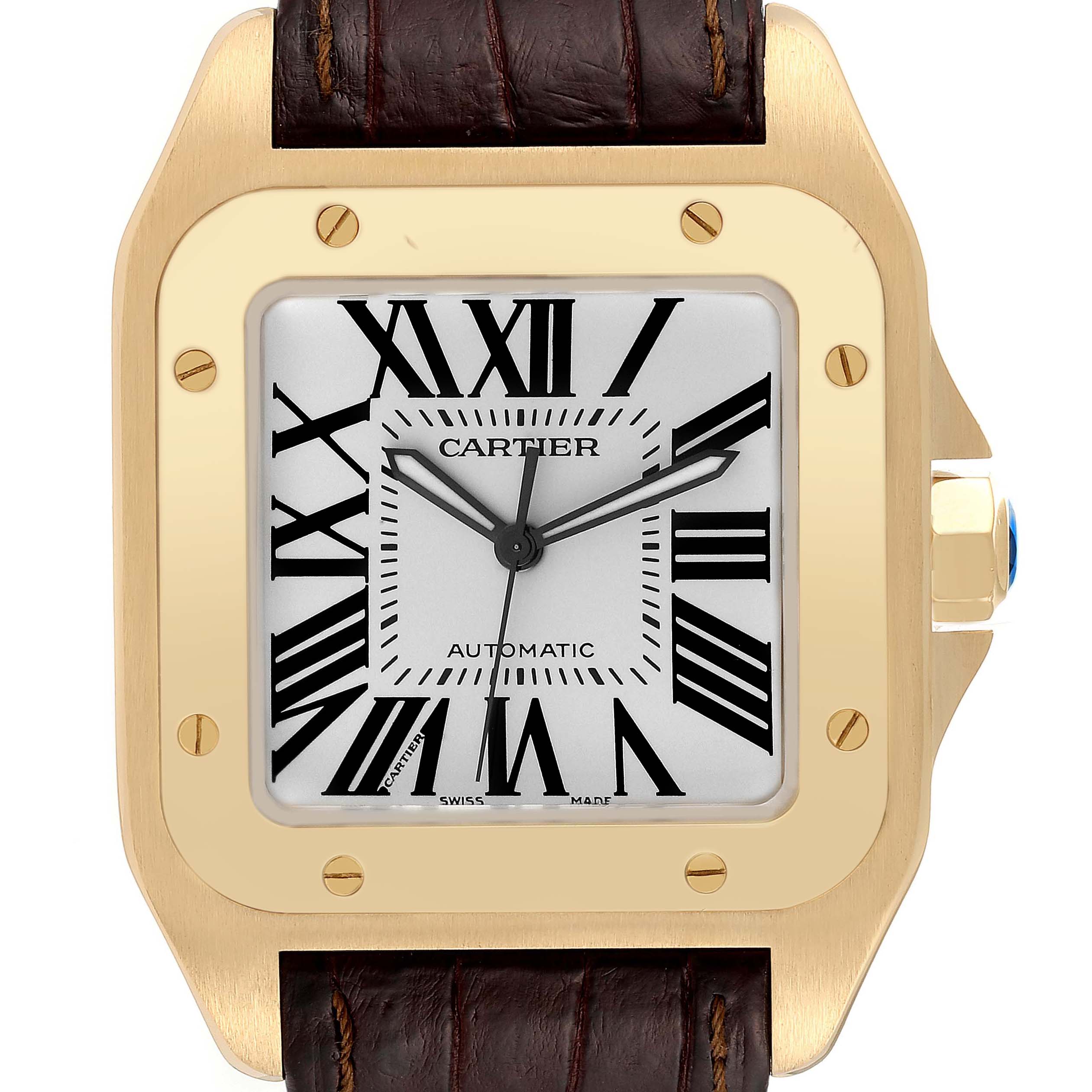 This image shows a front view of a Cartier Santos W20071Y1 Men's Yellow Gold Silver Dial W20071Y1 Men's Yellow Gold Silver Dial watch, highlighting its square dial, Roman numerals, and leather strap.