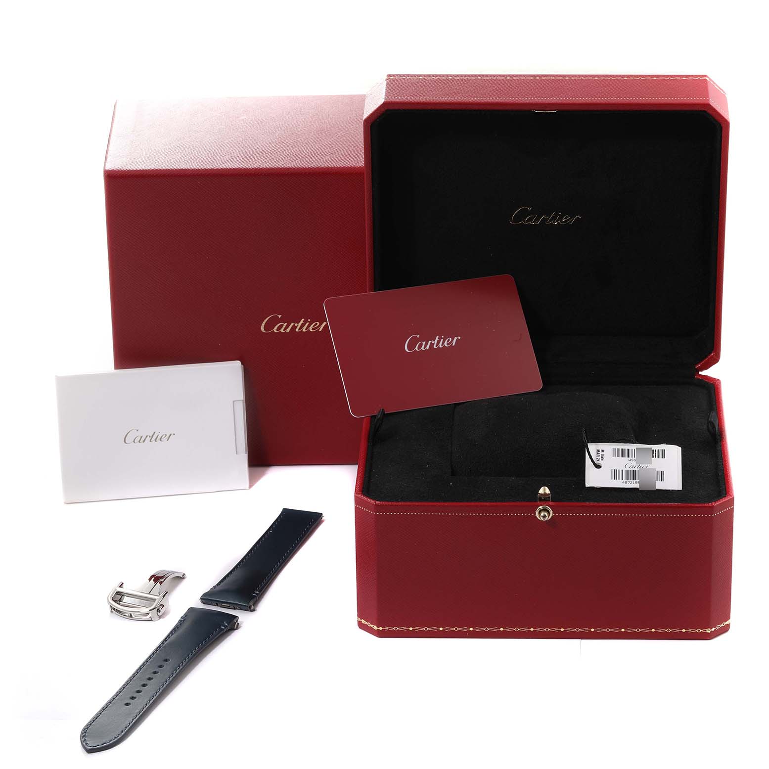 The image shows the Cartier Santos WSSA0030 Men's Stainless Steel Blue Dial WSSA0030 Men's Stainless Steel Blue Dial watch box, extra straps, buckle, and warranty card.