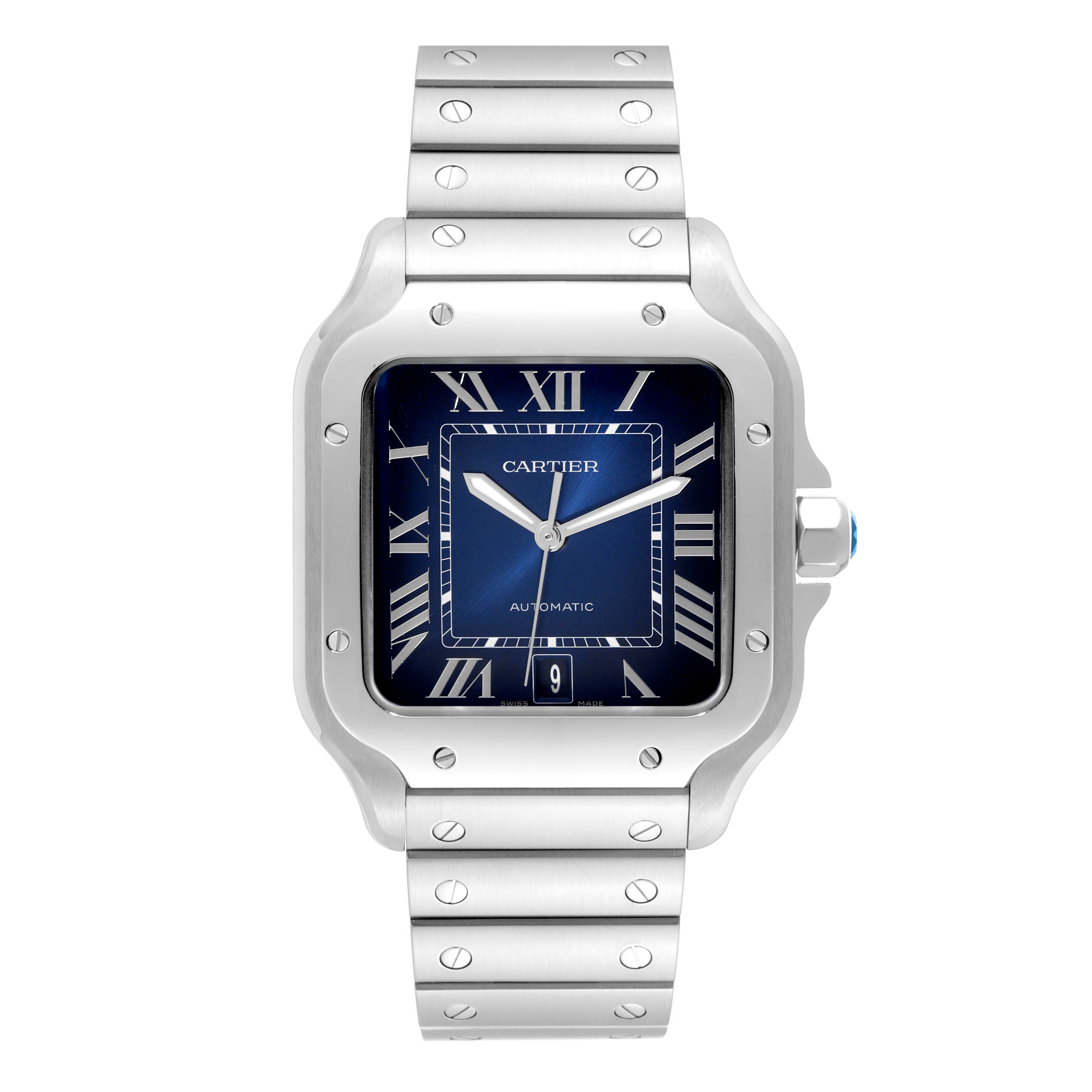 The image shows a front view of the Cartier Santos WSSA0030 Men's Stainless Steel Blue Dial WSSA0030 Men's Stainless Steel Blue Dial watch, displaying its face, bezel, and part of the bracelet.