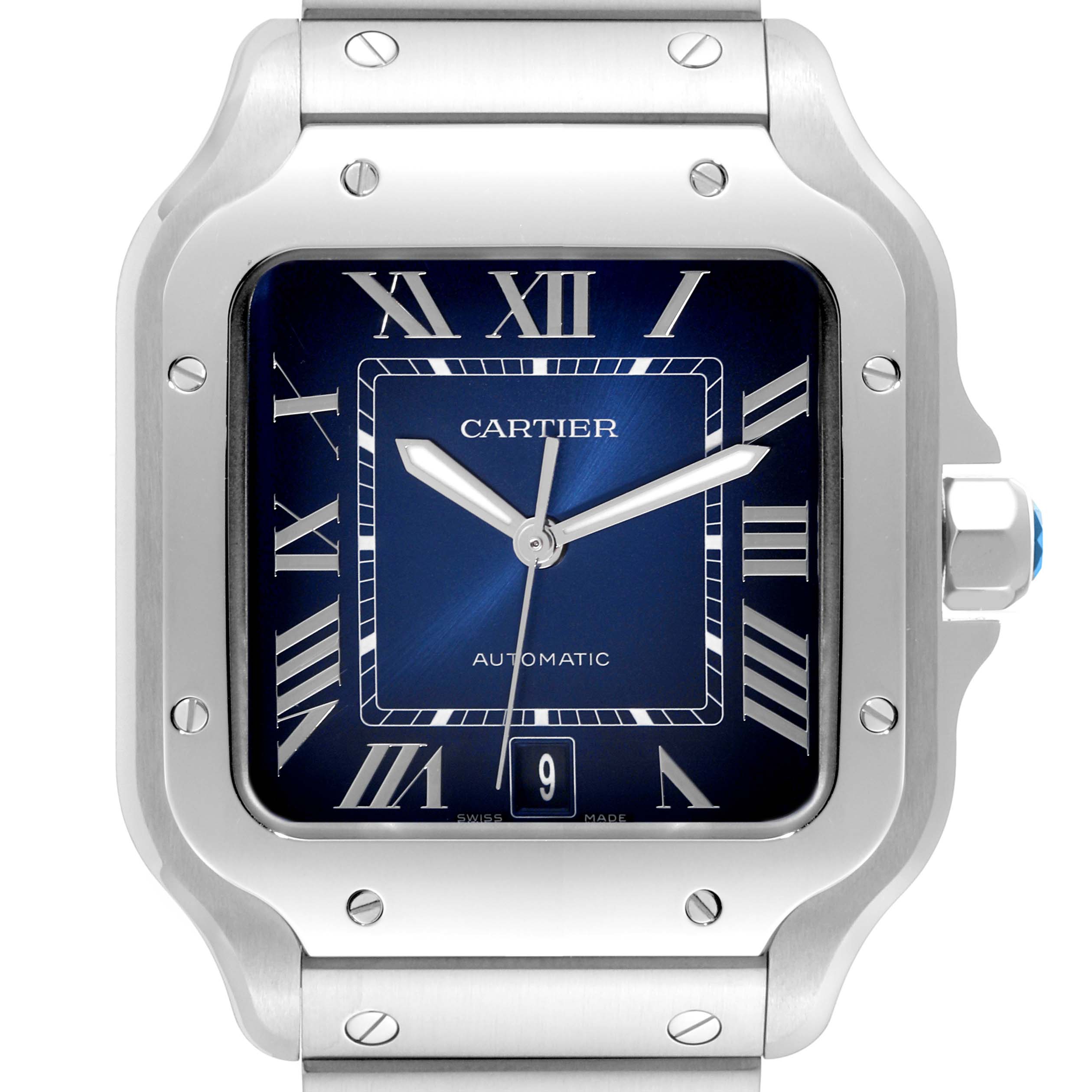 This is a front view of the Cartier Santos WSSA0030 Men's Stainless Steel Blue Dial WSSA0030 Men's Stainless Steel Blue Dial watch, showing the dial, hands, bezel, and part of the bracelet.