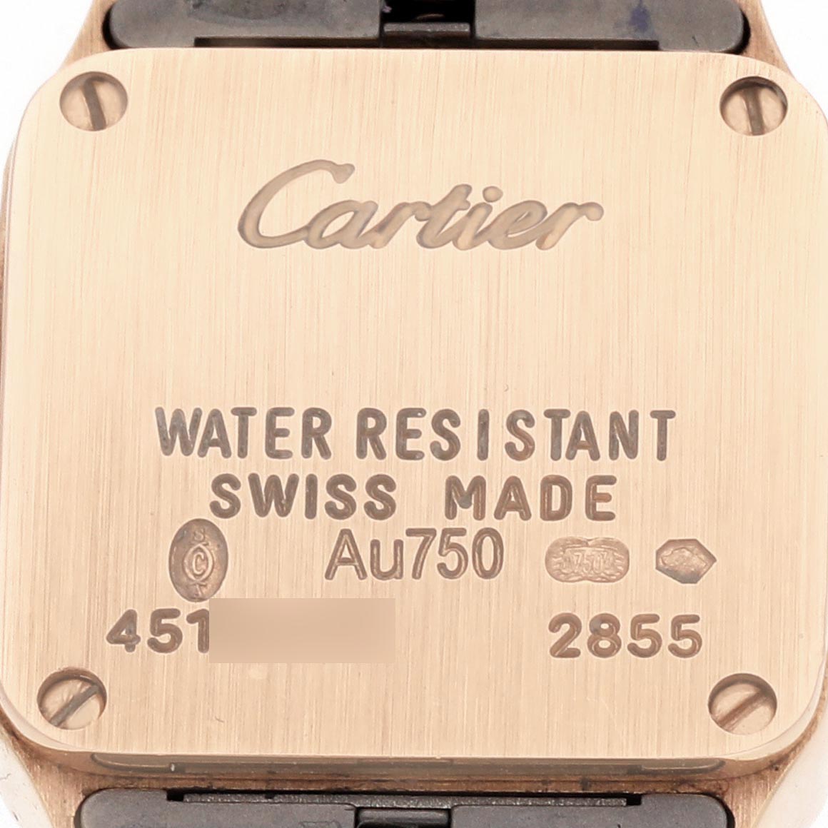 The image shows the back case of the Cartier Santos Demoiselle WF902004 Women
s Yellow Gold Silver Dial WF902004 Women
s Yellow Gold Silver Dial watch, displaying the brand, material details, and water resistance.
