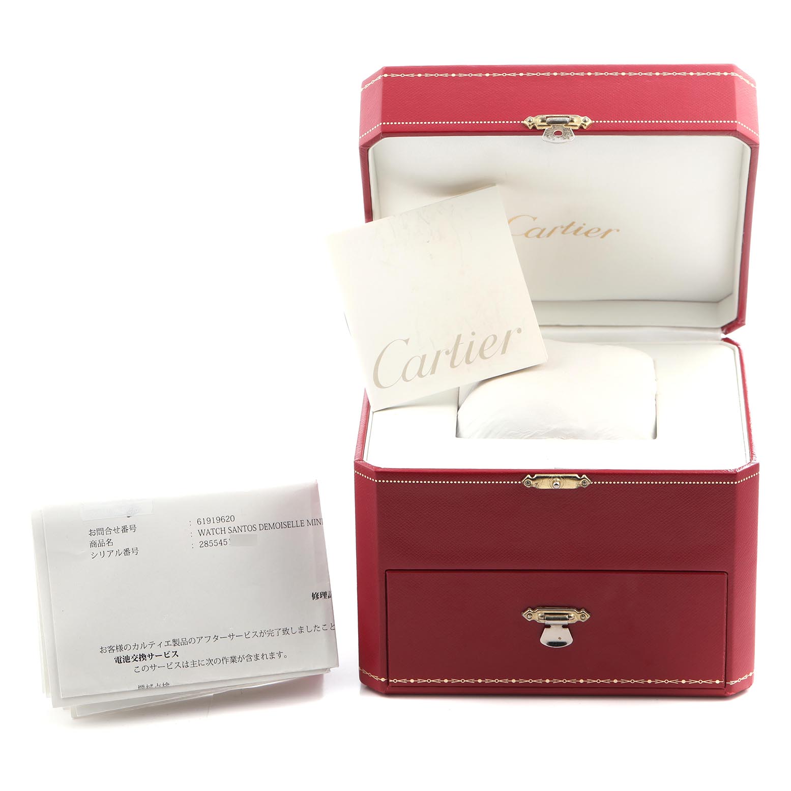 The image shows a red Cartier box for the Santos Demoiselle watch with a pillow inside and accompanying documents.