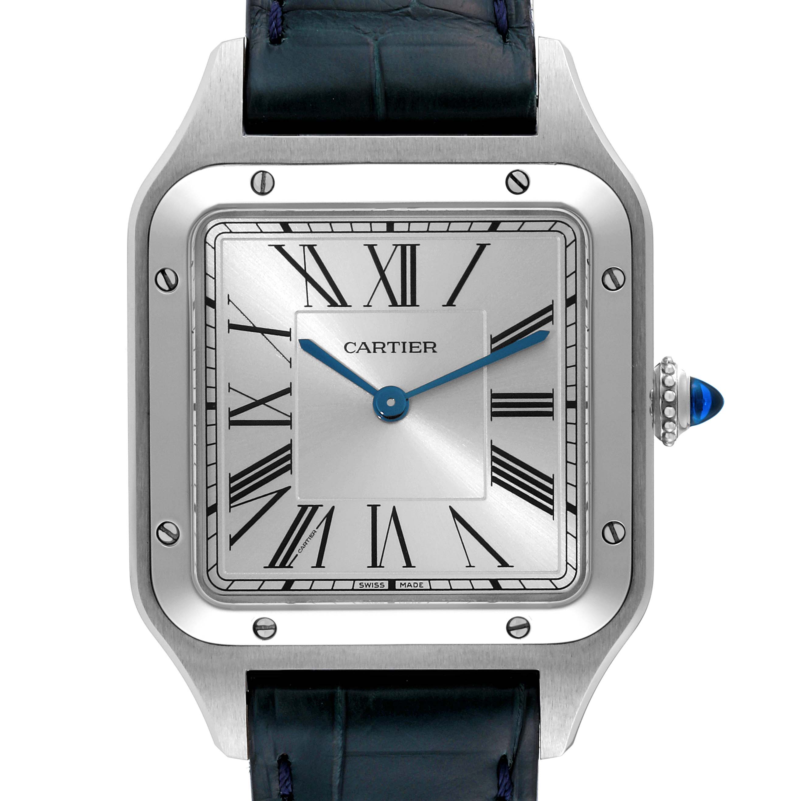 This image shows a close-up, front view of a Cartier Santos Dumont WSSA0022 Men's Stainless Steel Silver Dial WSSA0022 Men's Stainless Steel Silver Dial watch, highlighting its square dial and Roman numeral indices.