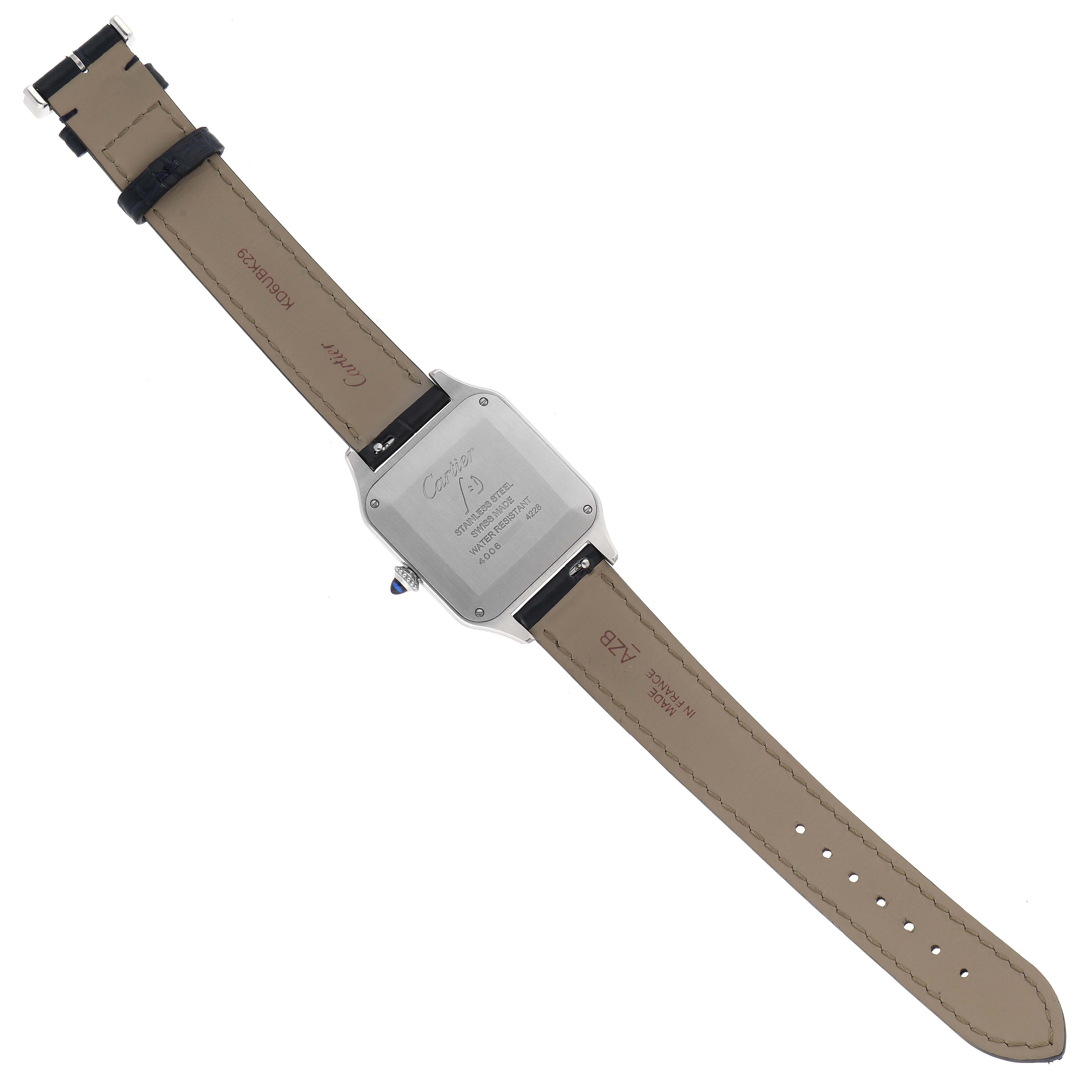 The image shows the rear view of a Cartier Santos Dumont WSSA0022 Men's Stainless Steel Silver Dial WSSA0022 Men's Stainless Steel Silver Dial watch, highlighting the case back and leather straps.