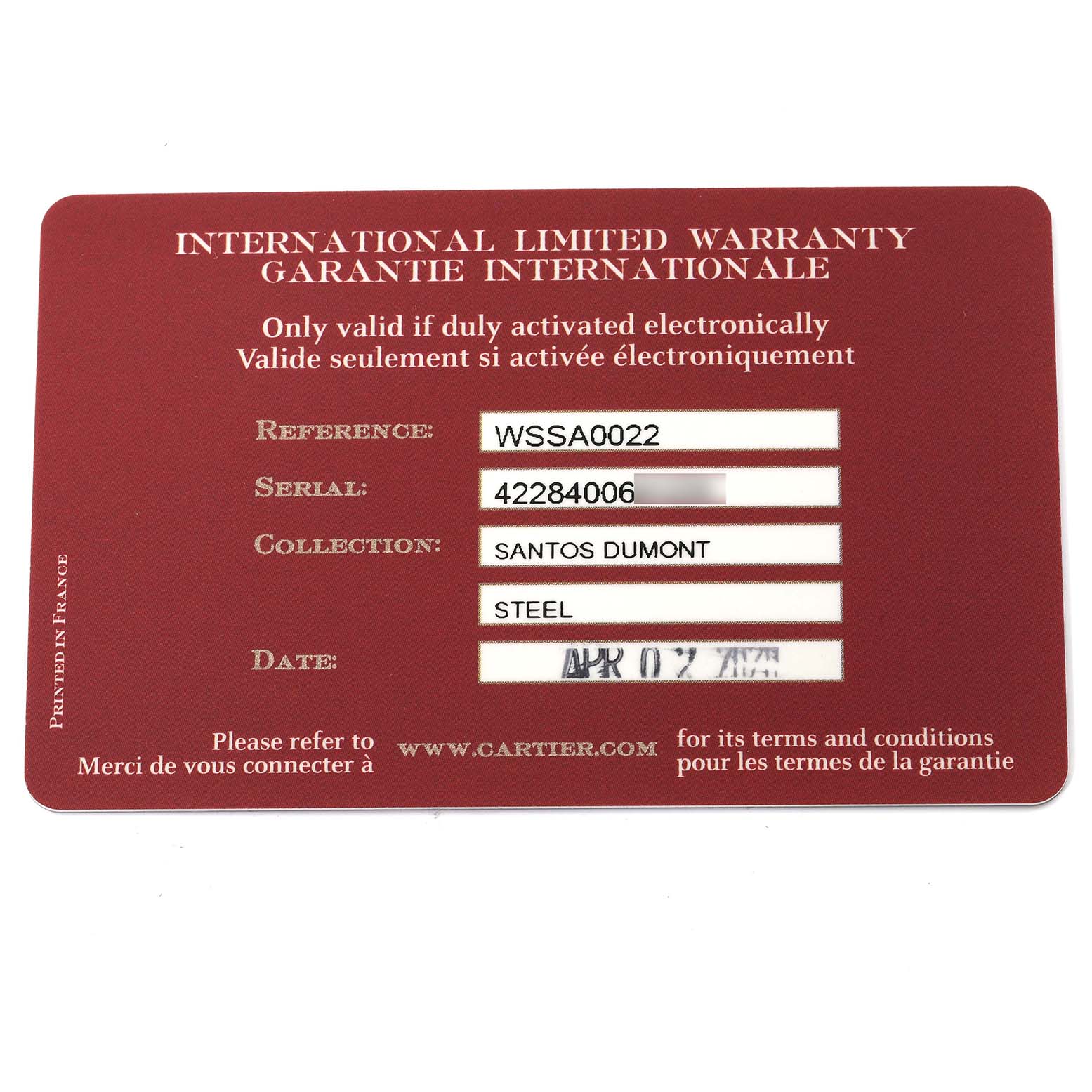 This image shows the international limited warranty card for the Cartier Santos Dumont WSSA0022 Men's Stainless Steel Silver Dial WSSA0022 Men's Stainless Steel Silver Dial model.