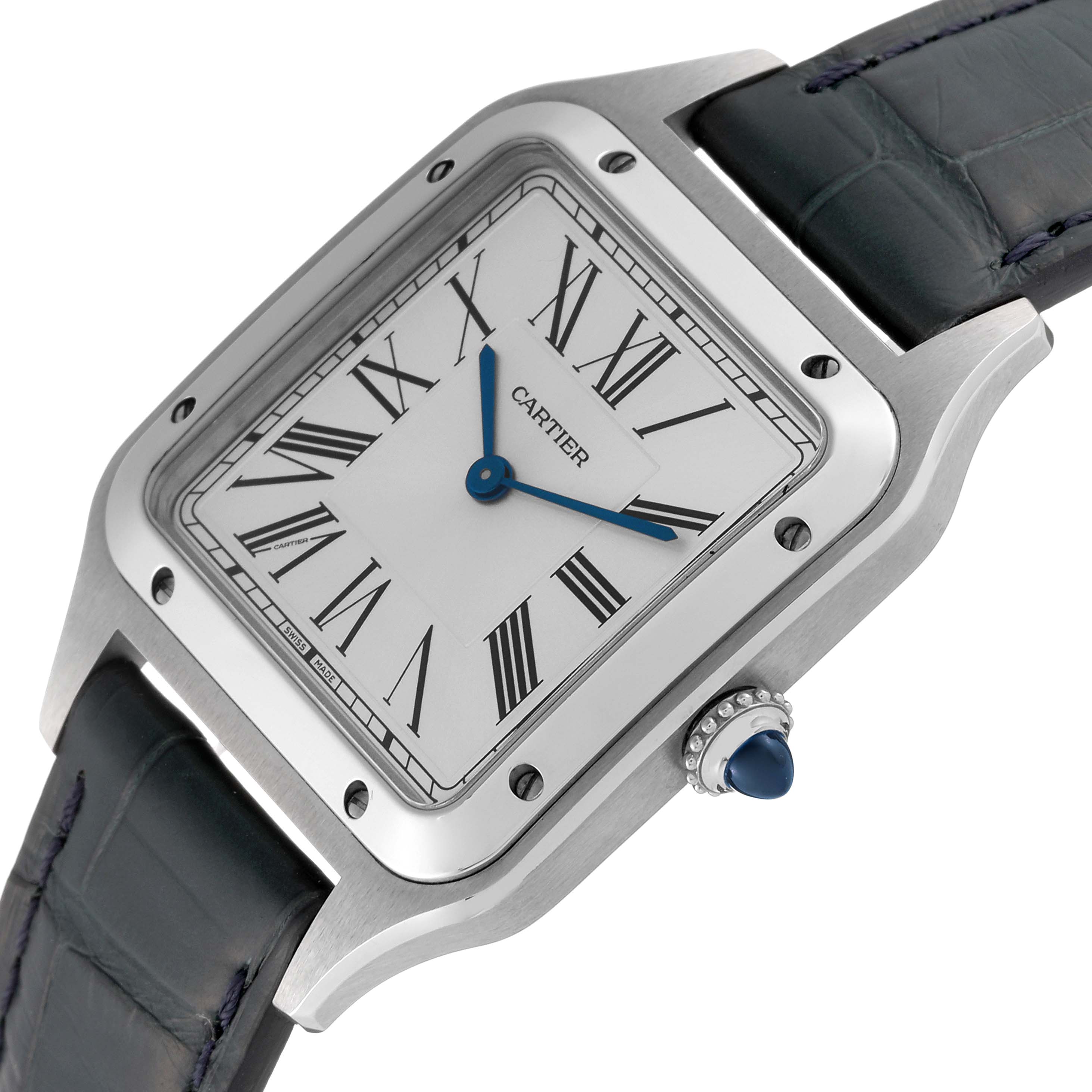 This image shows a top-down view of the Cartier Santos Dumont WSSA0022 Men's Stainless Steel Silver Dial WSSA0022 Men's Stainless Steel Silver Dial watch, highlighting its square face and leather strap.