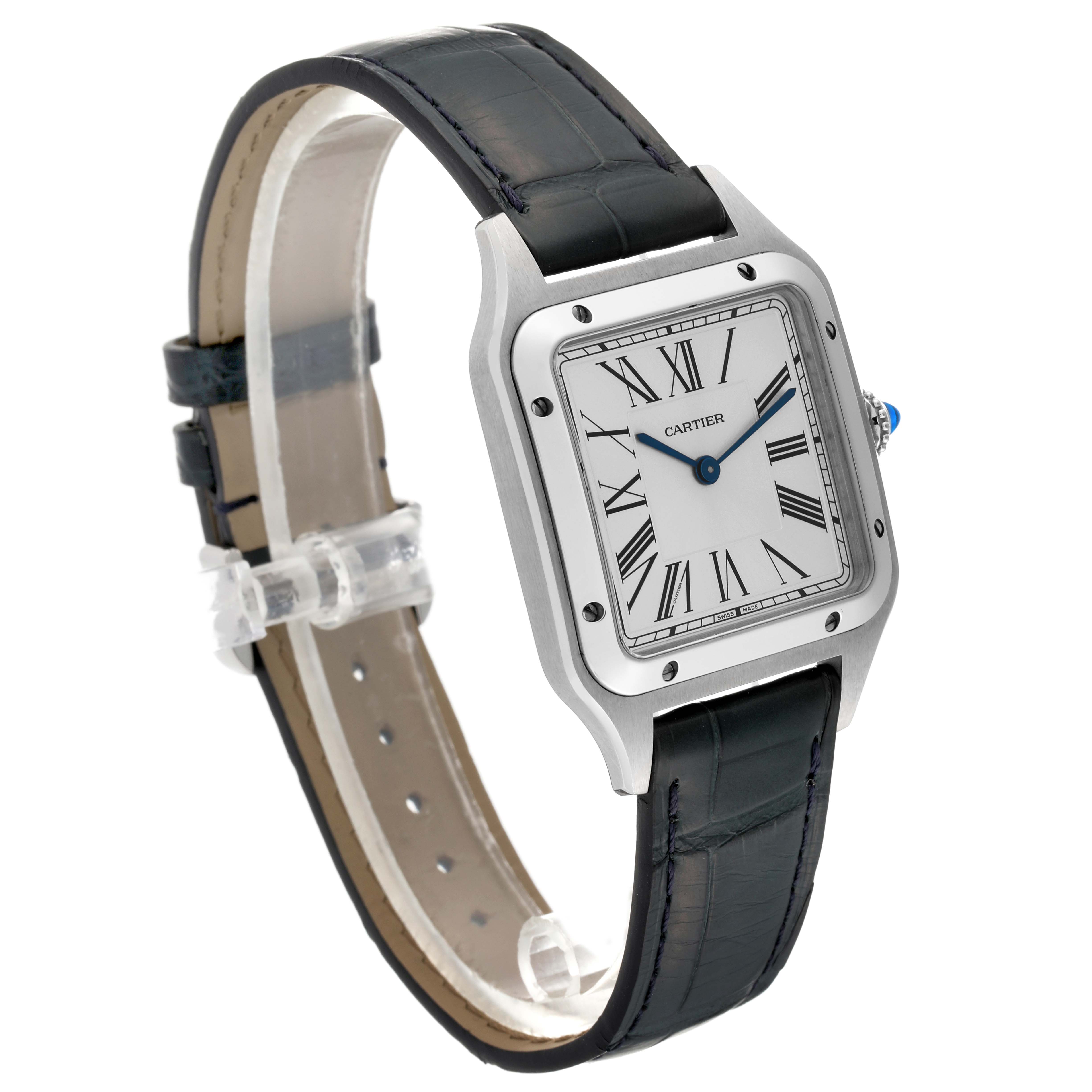 This image shows the Santos Dumont watch by Cartier from an angled side view, showcasing the face, strap, and crown.