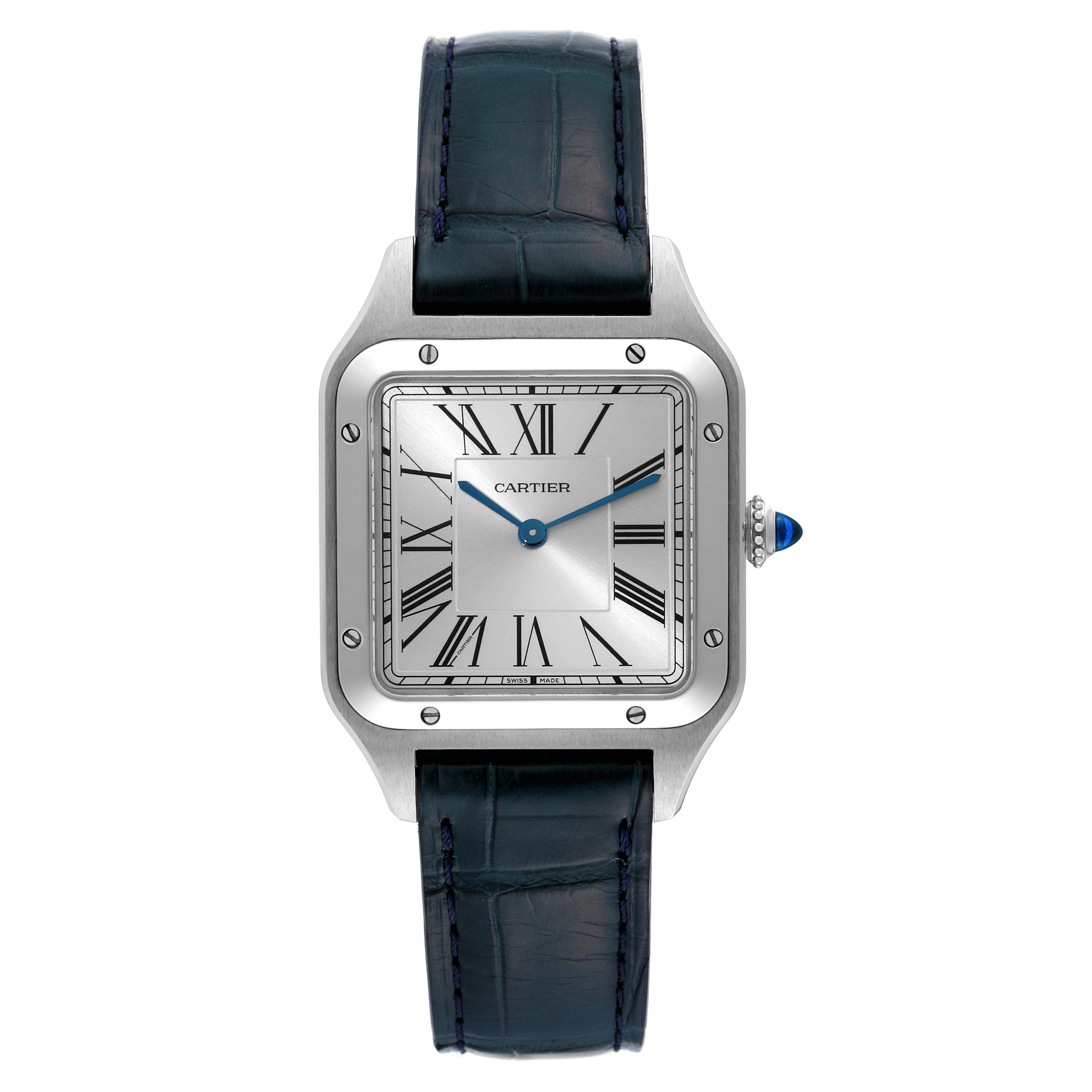 The image shows a front view of the Cartier Santos Dumont WSSA0022 Men's Stainless Steel Silver Dial WSSA0022 Men's Stainless Steel Silver Dial watch, showcasing its face, leather strap, and crown.