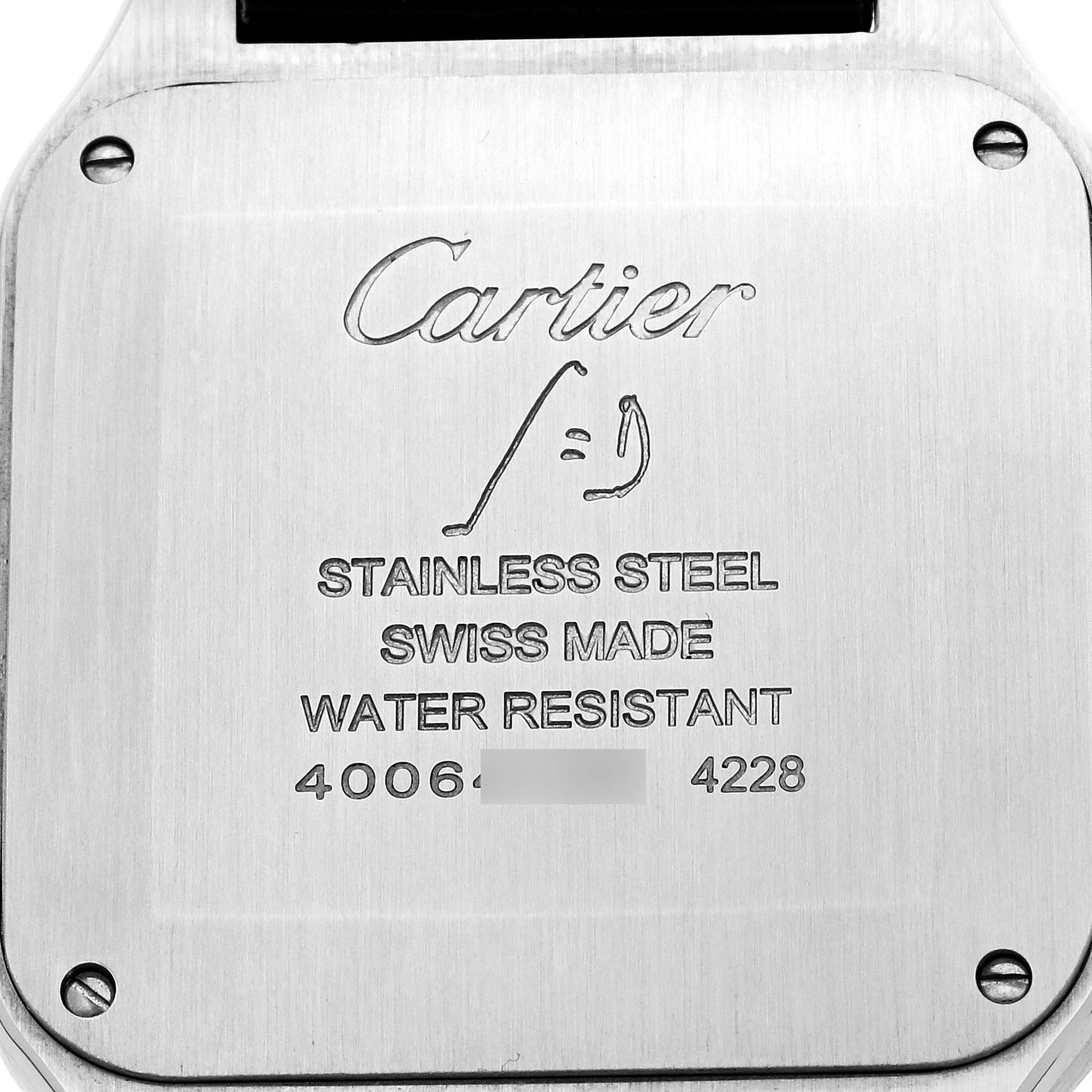 This image shows the stainless steel back case of a Cartier Santos Dumont WSSA0022 Men's Stainless Steel Silver Dial WSSA0022 Men's Stainless Steel Silver Dial watch, highlighting its engraved details.