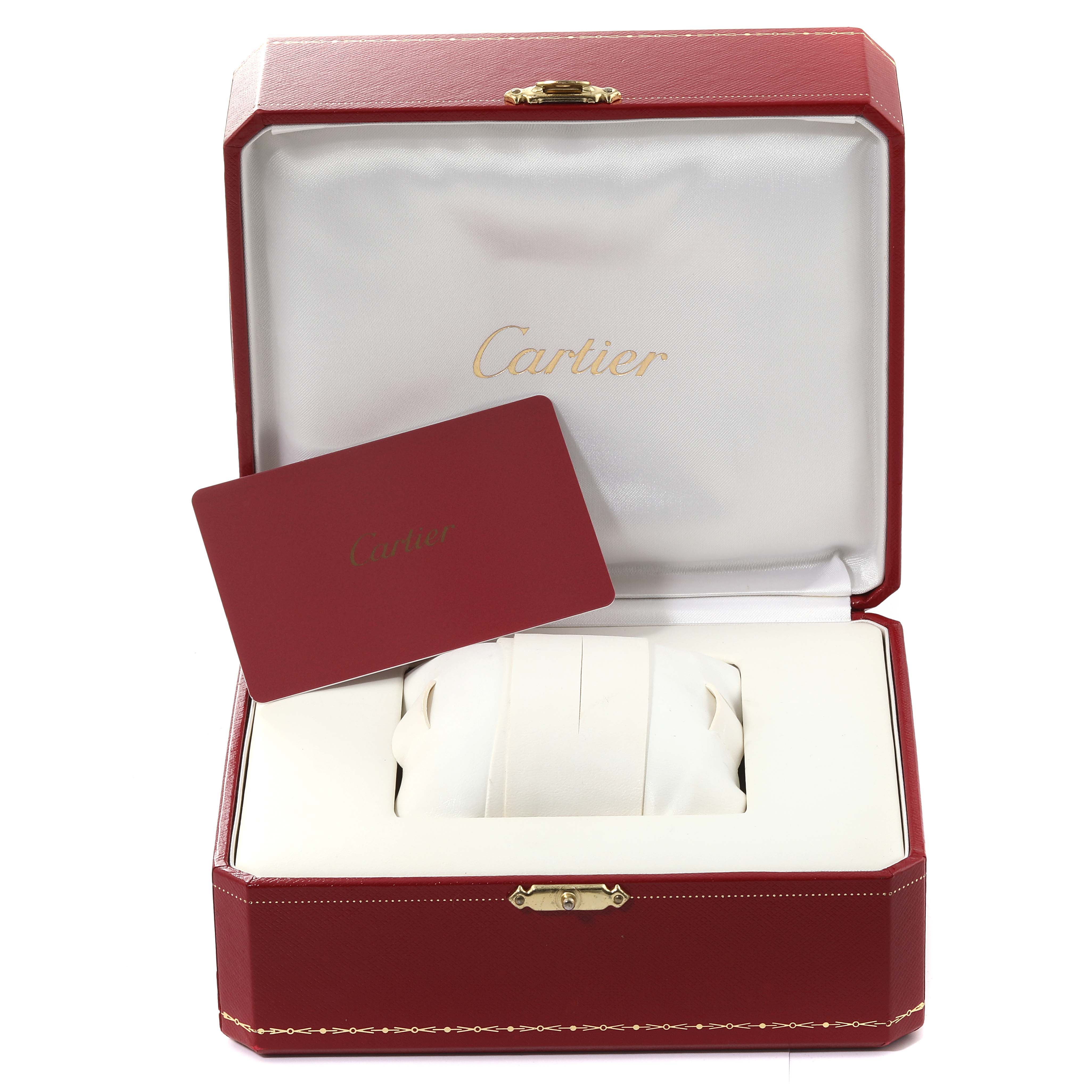 A Cartier Santos Dumont WSSA0022 Men's Stainless Steel Silver Dial WSSA0022 Men's Stainless Steel Silver Dial watch box is shown, containing a presentation cushion and an accompanying card.