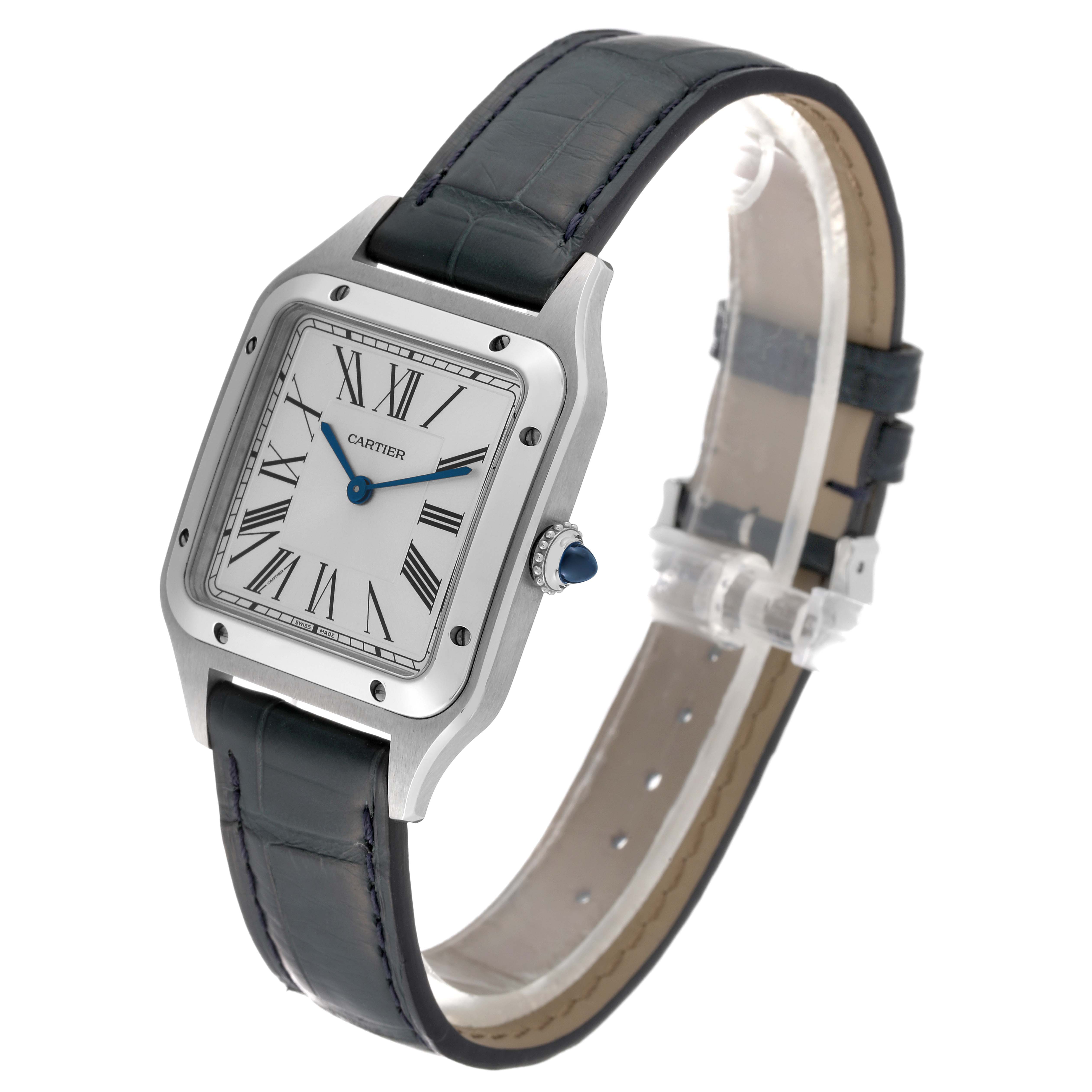 The image shows a Cartier Santos Dumont WSSA0022 Men's Stainless Steel Silver Dial WSSA0022 Men's Stainless Steel Silver Dial watch at an angled side view, highlighting the face, case, and strap.