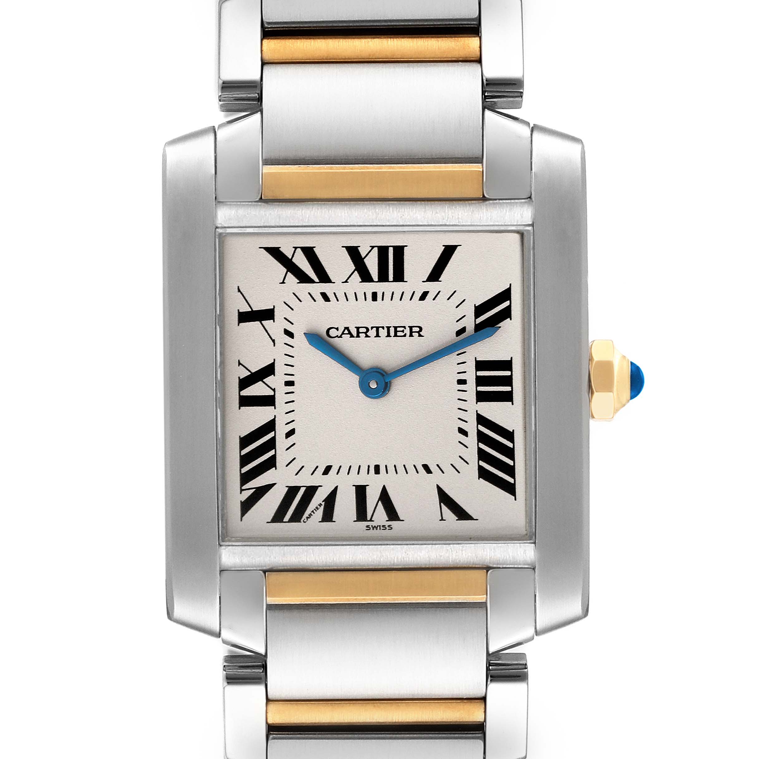 The image displays a front view of a Cartier Tank Francaise W51006Q4 Women's Steel and Gold (two tone) Silver Dial W51006Q4 Women's Steel and Gold (two tone) Silver Dial watch, highlighting the face, crown, and part of the two-tone bracelet.