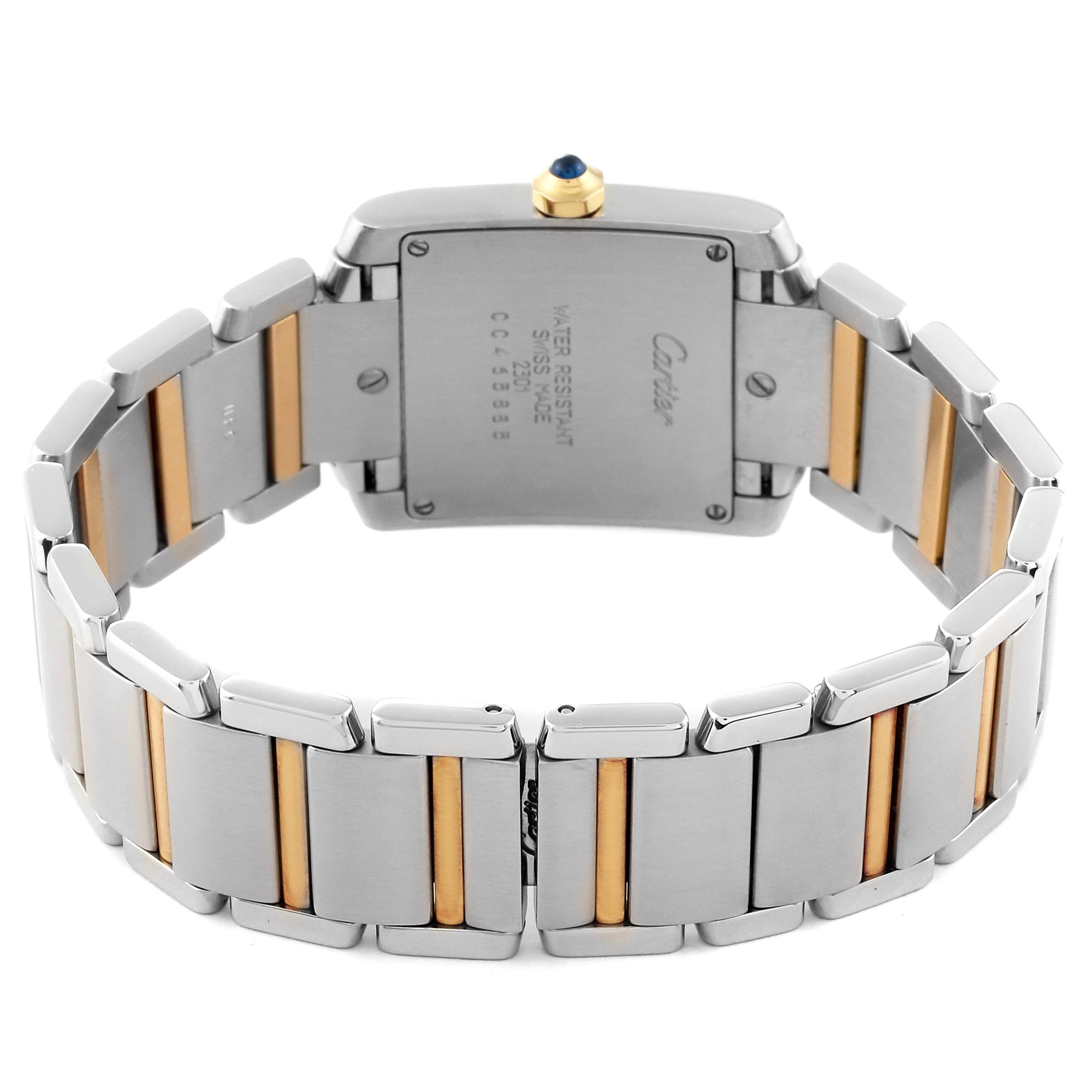 This image shows the back view of the Cartier Tank Francaise W51006Q4 Women's Steel and Gold (two tone) Silver Dial W51006Q4 Women's Steel and Gold (two tone) Silver Dial watch, highlighting the stainless steel and gold bracelet with the case back.