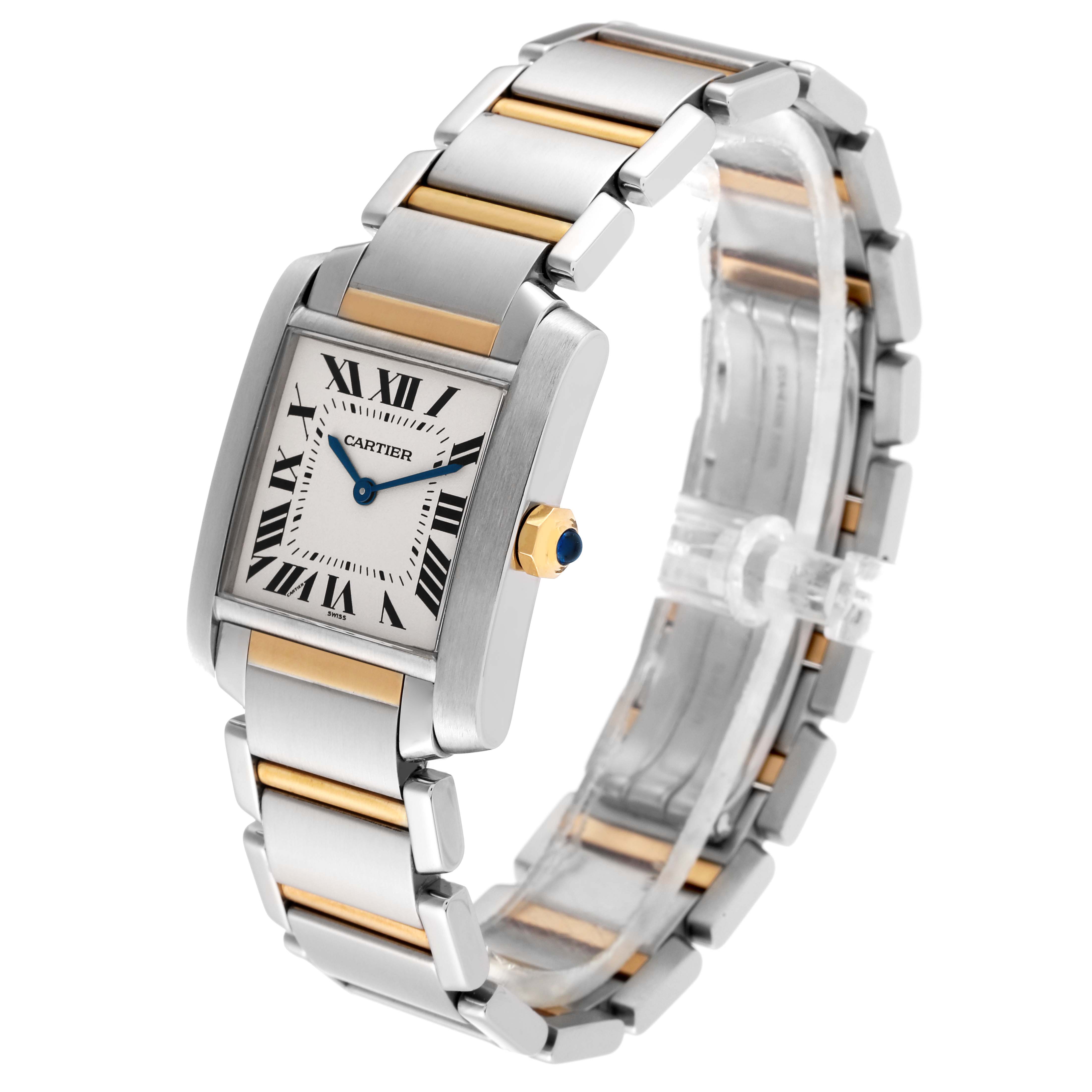 This image shows a Cartier Tank Francaise W51006Q4 Women's Steel and Gold (two tone) Silver Dial W51006Q4 Women's Steel and Gold (two tone) Silver Dial watch angled to display its face and dual-tone bracelet.