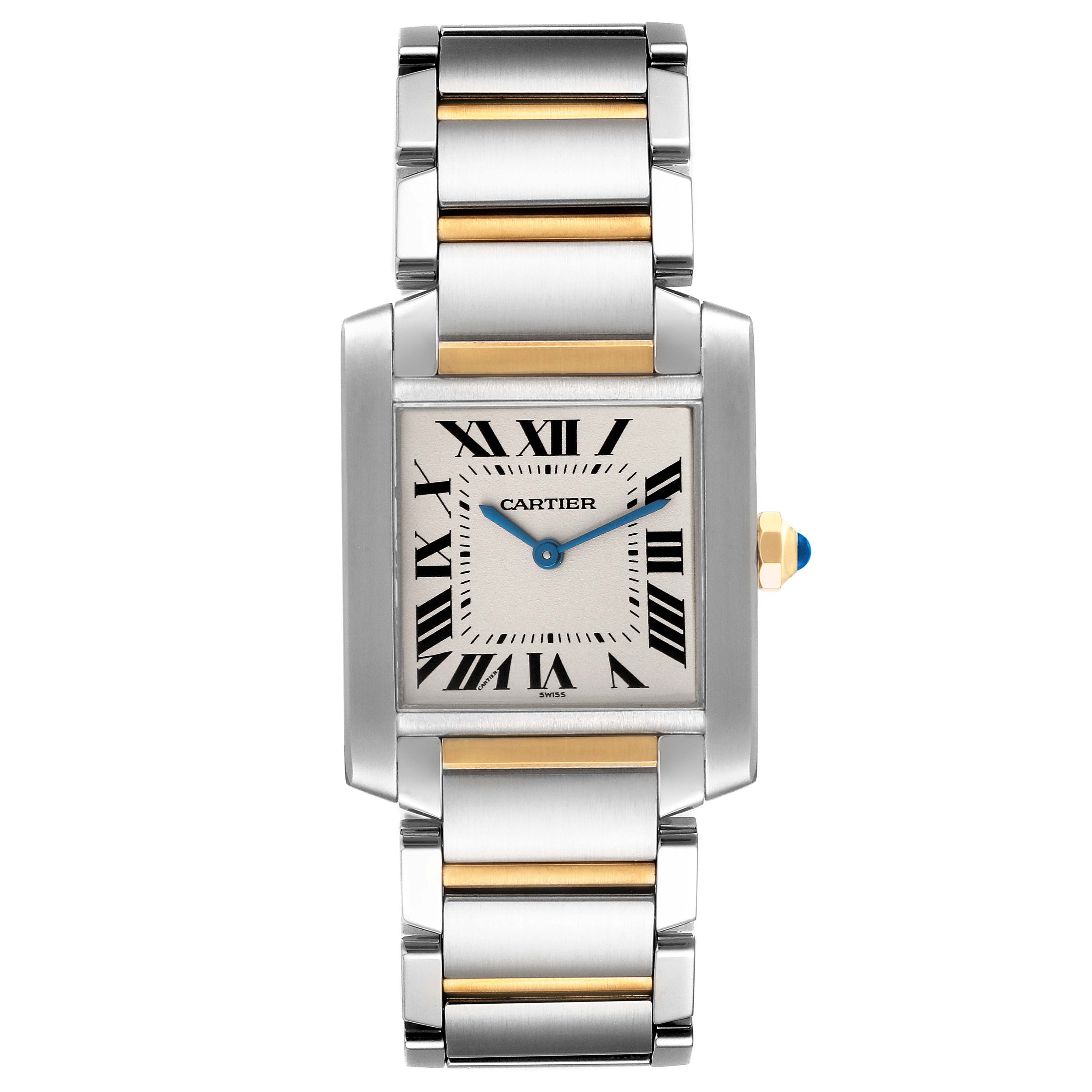 The image shows a Tank Francaise model by Cartier from a top-down angle, highlighting the watch face and two-tone metal bracelet.
