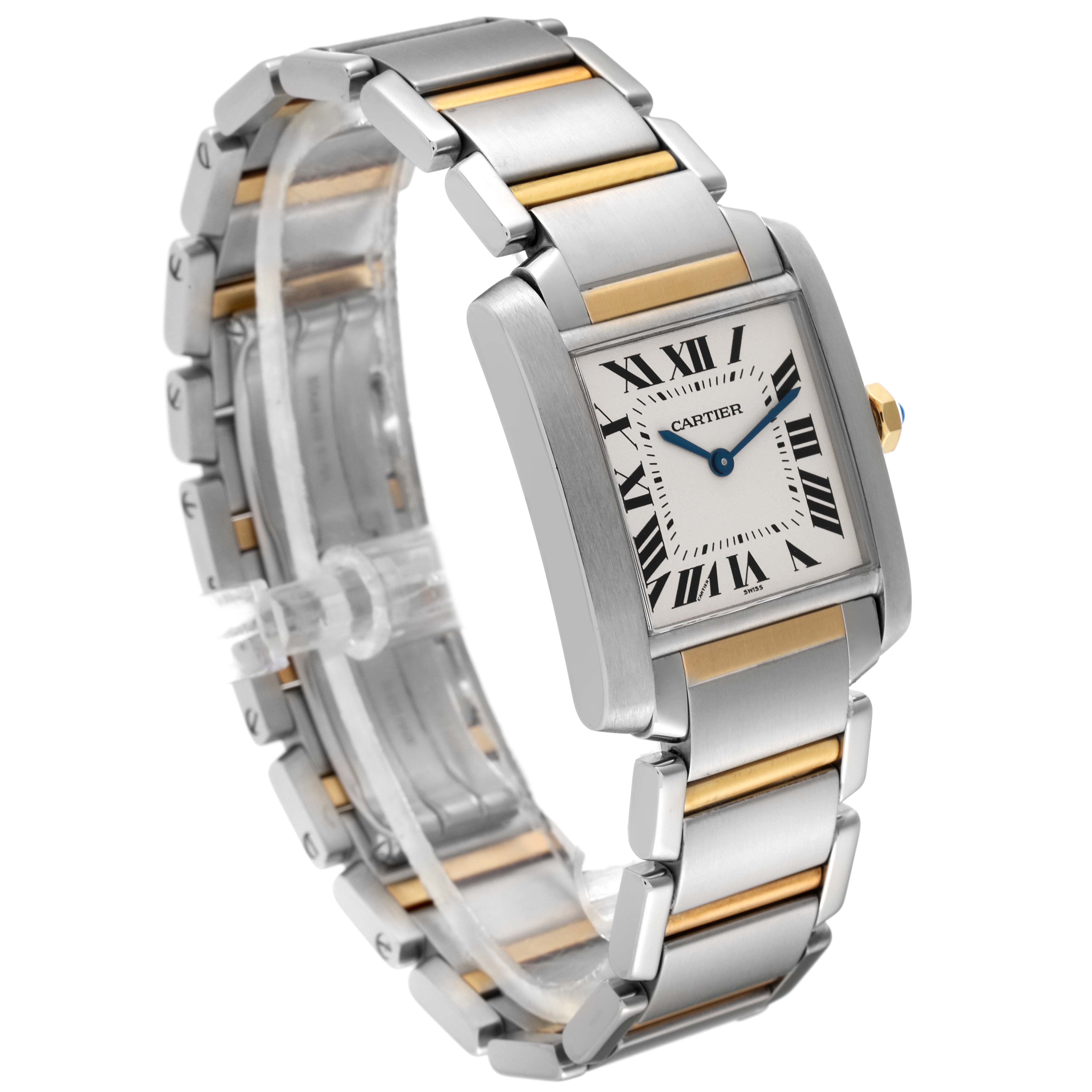The Cartier Tank Française watch is shown at an oblique angle, highlighting its silver and gold bracelet and rectangular face.