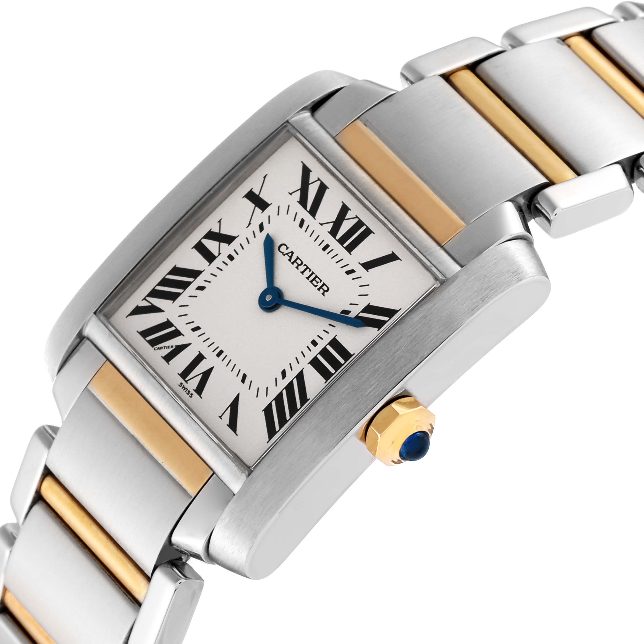 The Cartier Tank Francaise W51006Q4 Women's Steel and Gold (two tone) Silver Dial W51006Q4 Women's Steel and Gold (two tone) Silver Dial watch is shown at an angle showcasing its face, bracelet, and crown with sapphire.