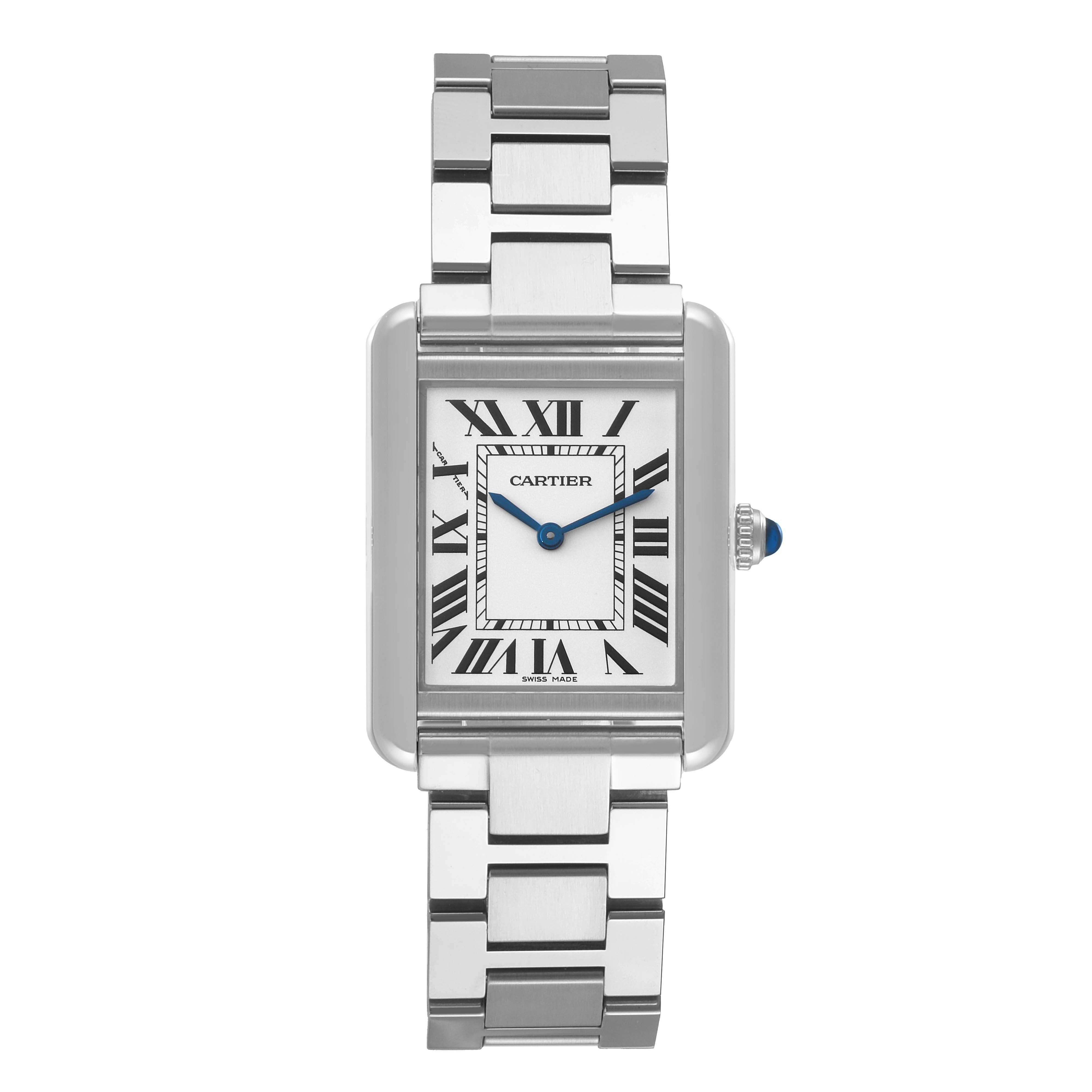 The image shows a frontal view of the Cartier Tank Solo W5200013 Women's Stainless Steel Silver Dial W5200013 Women's Stainless Steel Silver Dial watch, highlighting the face, hands, and part of the bracelet.