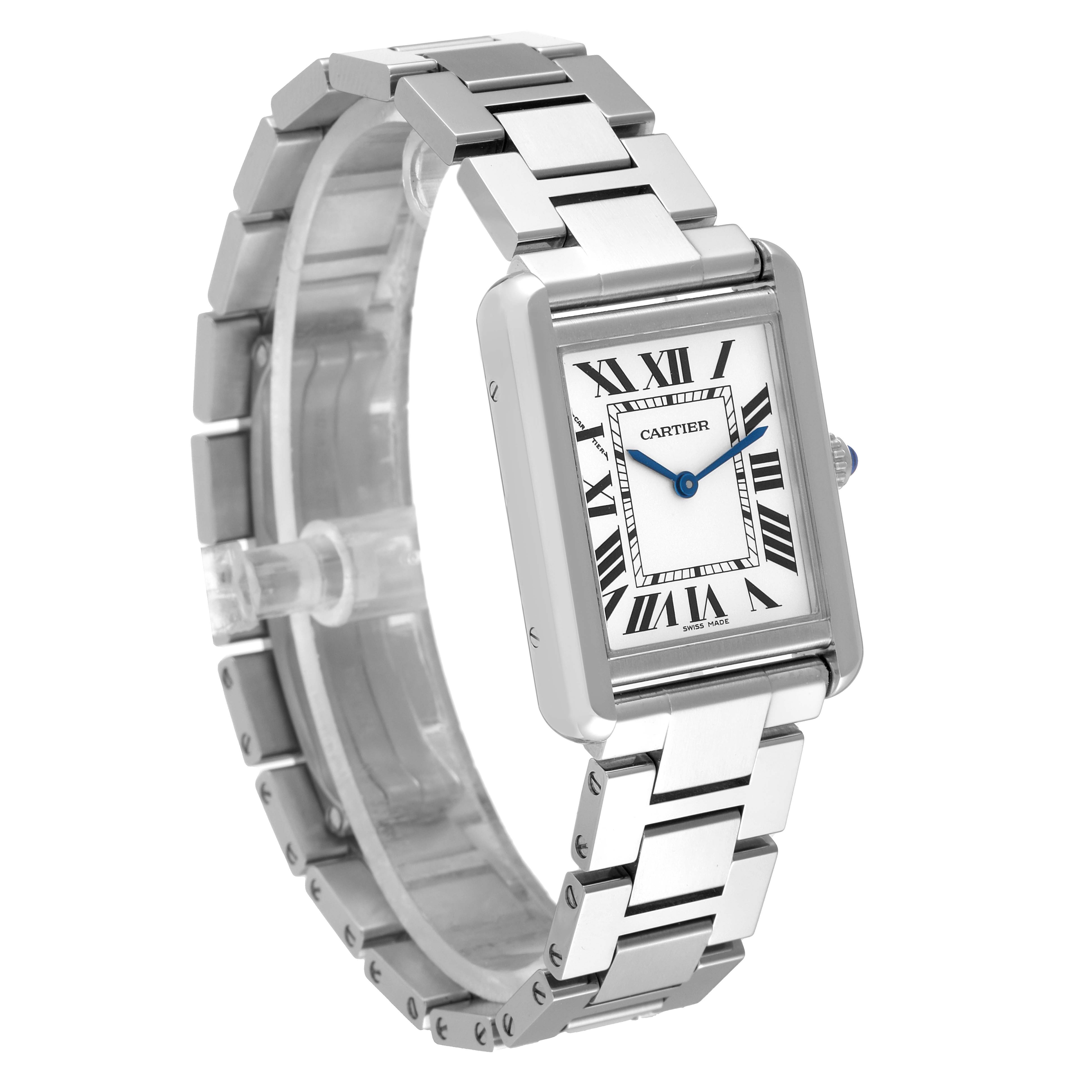 The image shows a Cartier Tank Solo W5200013 Women's Stainless Steel Silver Dial W5200013 Women's Stainless Steel Silver Dial watch at a three-quarter angle, highlighting the face, crown, and metal bracelet.