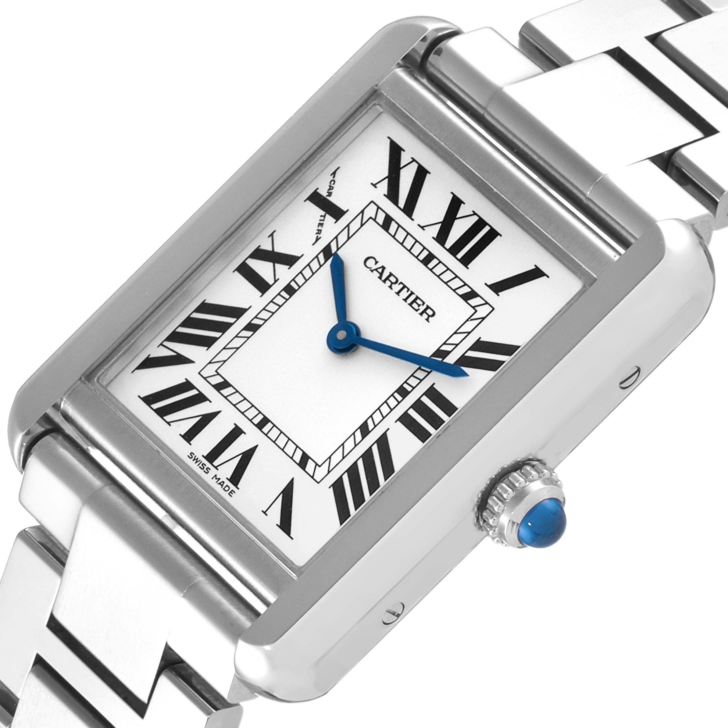 The image shows a Cartier Tank Solo W5200013 Women's Stainless Steel Silver Dial W5200013 Women's Stainless Steel Silver Dial watch at a slight angle, highlighting the face, crown, and part of the bracelet.