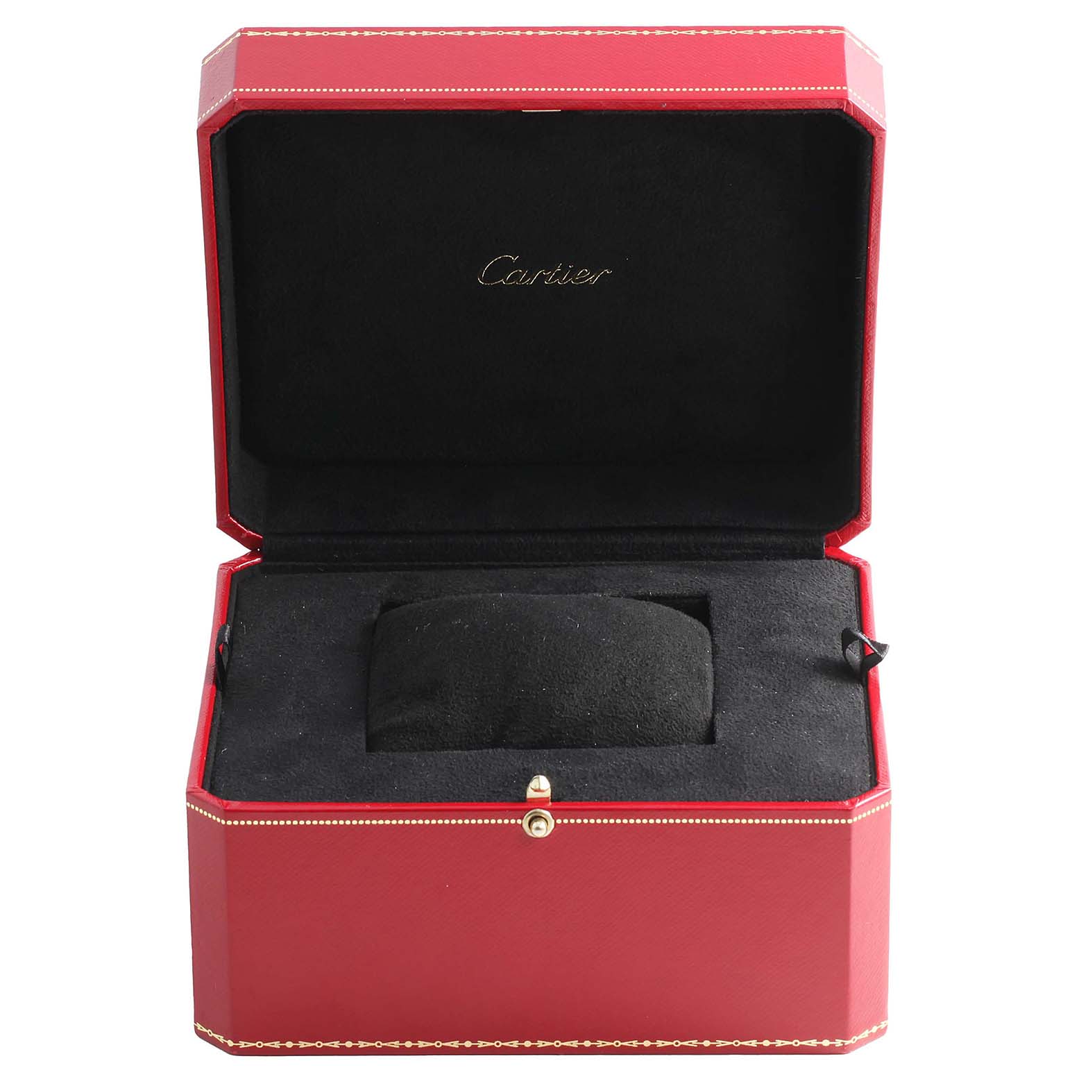 This image shows an open jewelry box specifically designed for a Cartier Tank Solo W5200013 Women's Stainless Steel Silver Dial W5200013 Women's Stainless Steel Silver Dial watch.