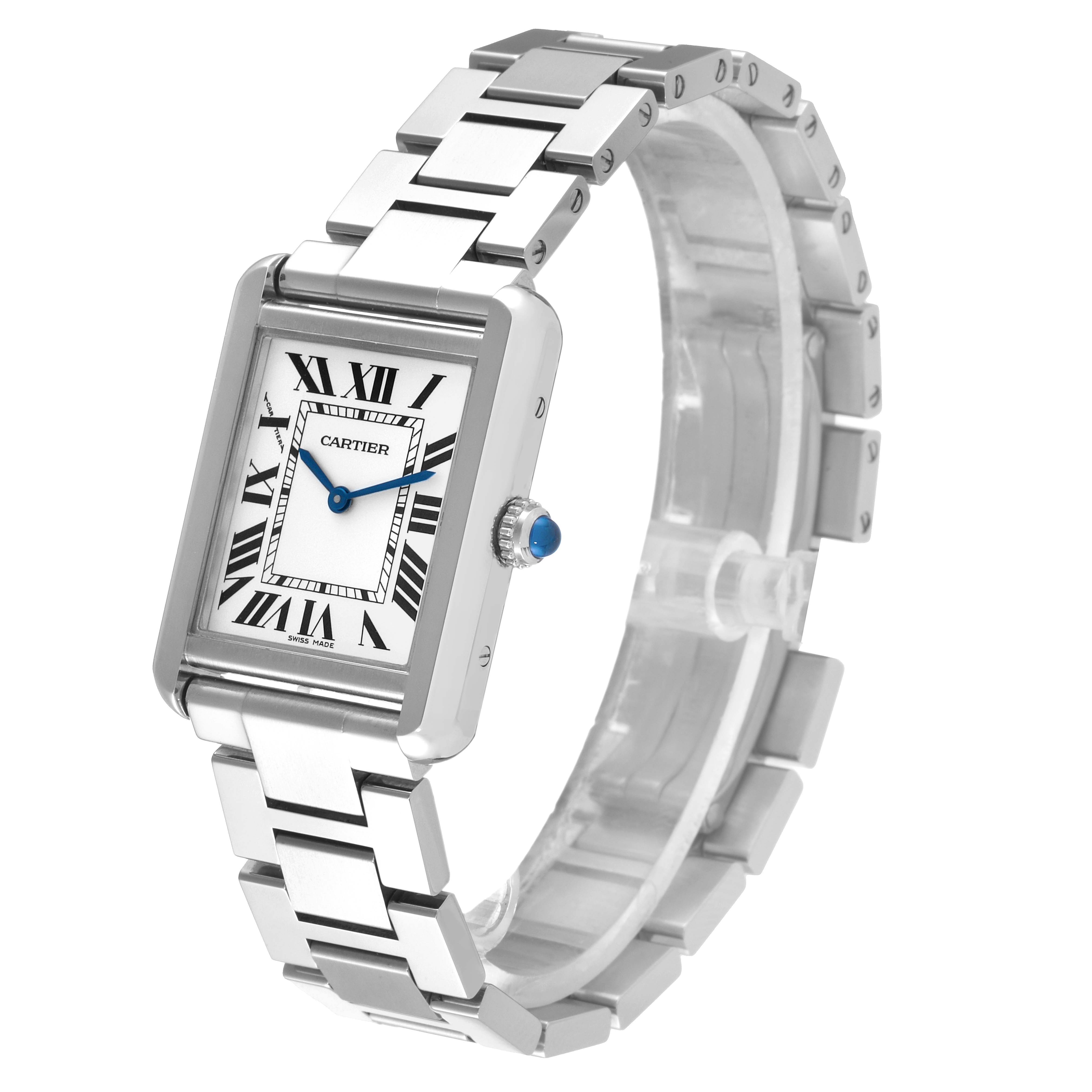 The Cartier Tank Solo W5200013 Women's Stainless Steel Silver Dial W5200013 Women's Stainless Steel Silver Dial watch is shown at an angle displaying its rectangular face, Roman numerals, and metal link bracelet.