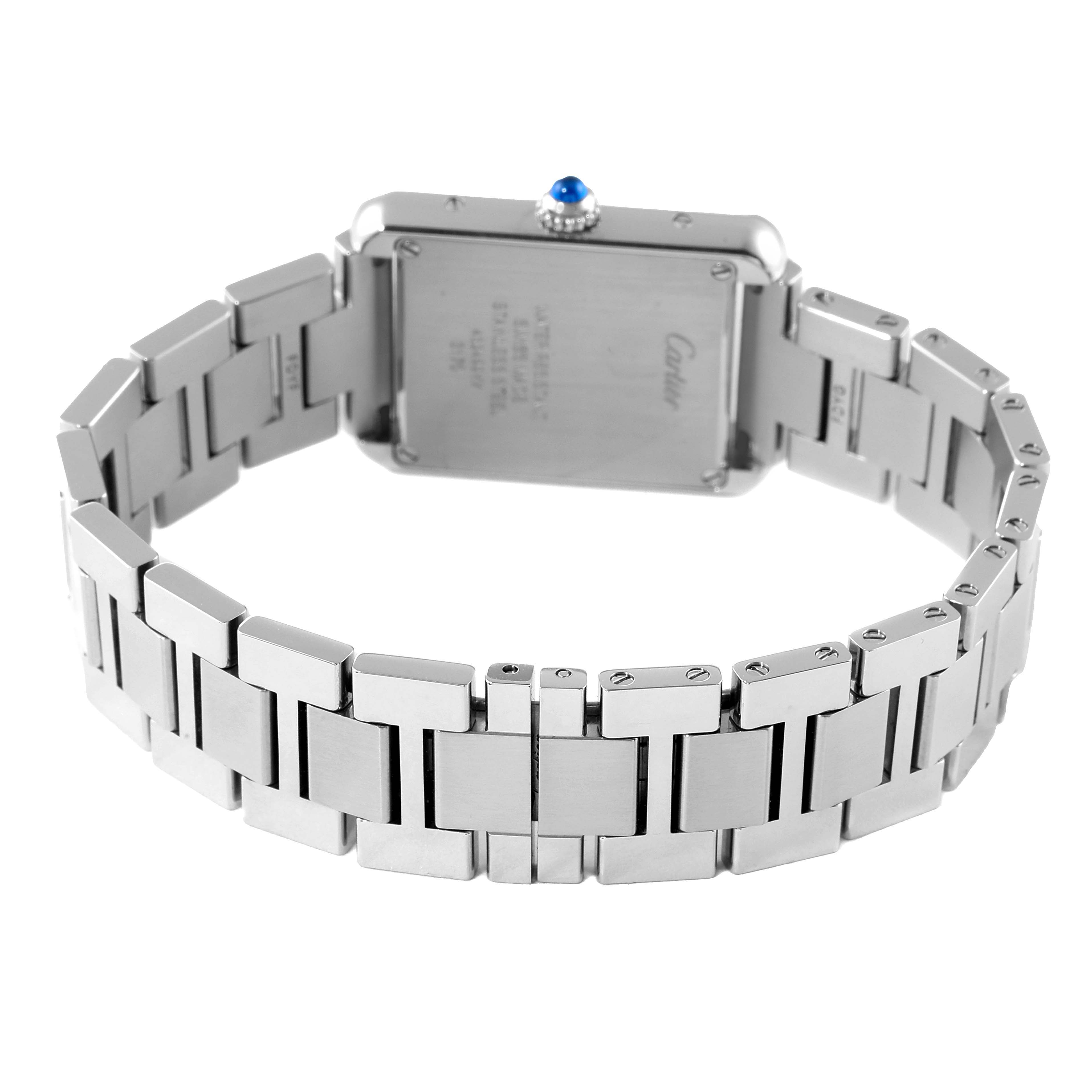 This image shows the back and bracelet of the Cartier Tank Solo W5200013 Women's Stainless Steel Silver Dial W5200013 Women's Stainless Steel Silver Dial watch, featuring a stainless steel design with a visible crown.