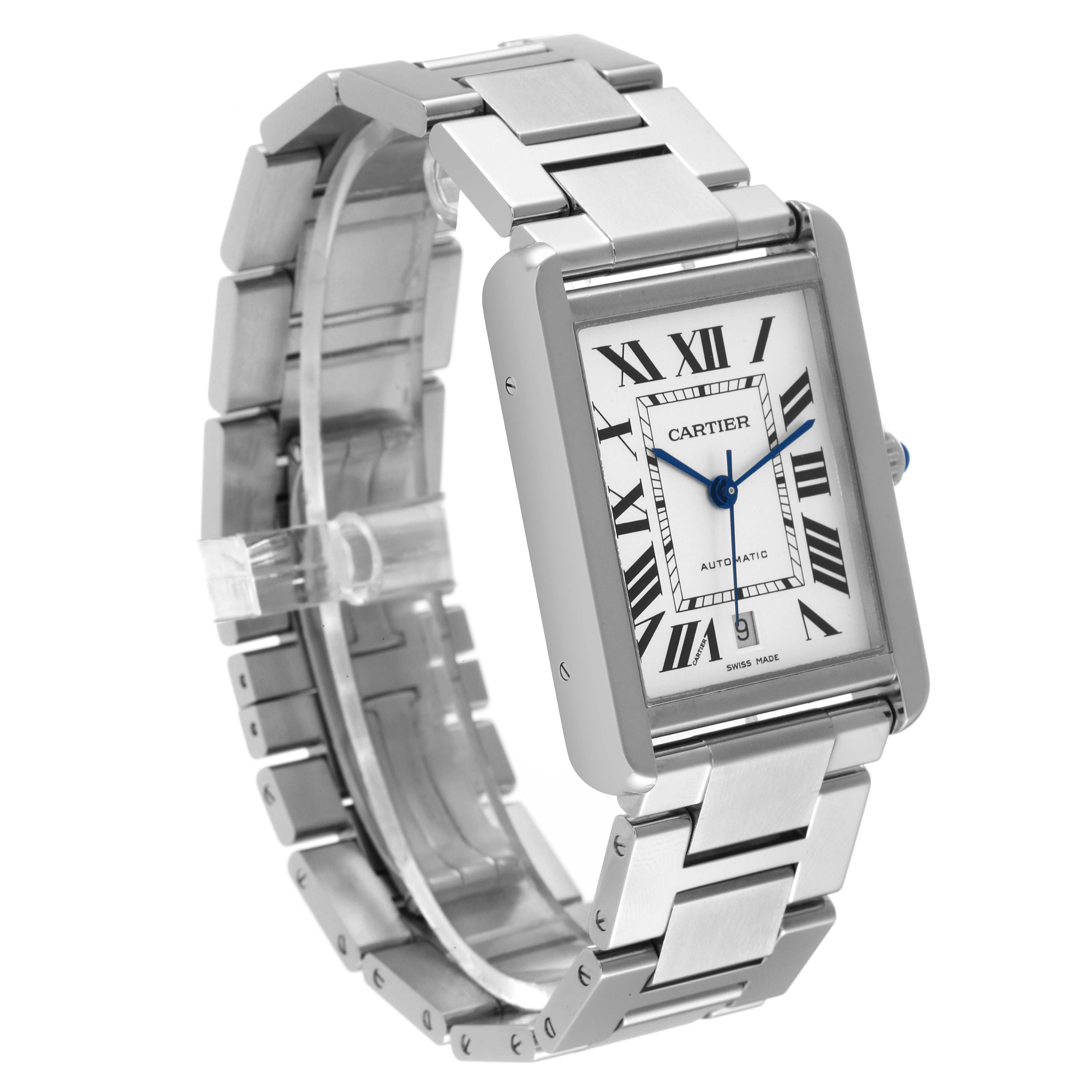 The image shows a Cartier Tank Solo W5200028 Men
s Stainless Steel Silver Dial W5200028 Men
s Stainless Steel Silver Dial watch at a slight angle, highlighting its rectangular face and metal bracelet.