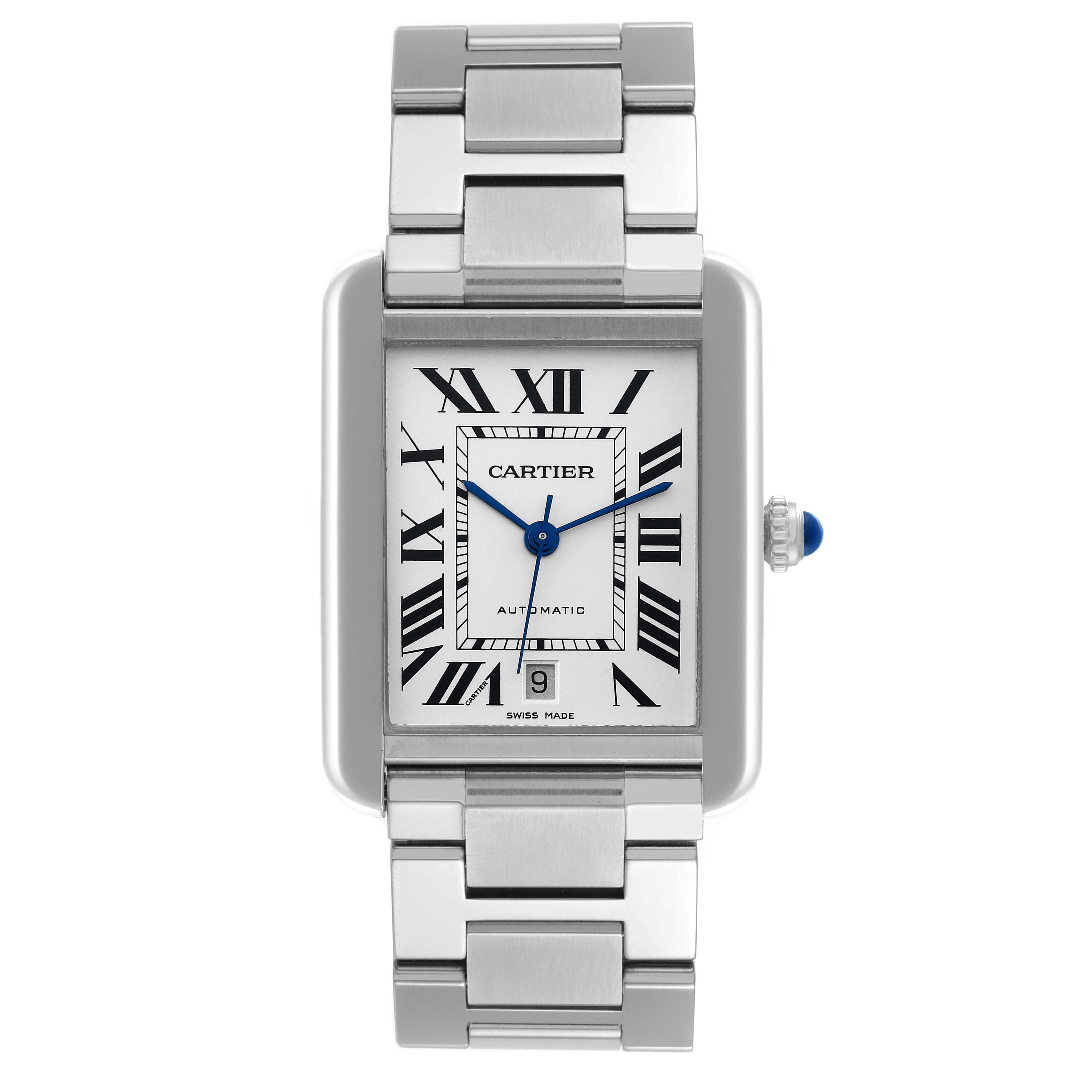 The image shows the Cartier Tank Solo W5200028 Men
s Stainless Steel Silver Dial W5200028 Men
s Stainless Steel Silver Dial from a front angle, highlighting the dial, bracelet, and crown with a blue stone.