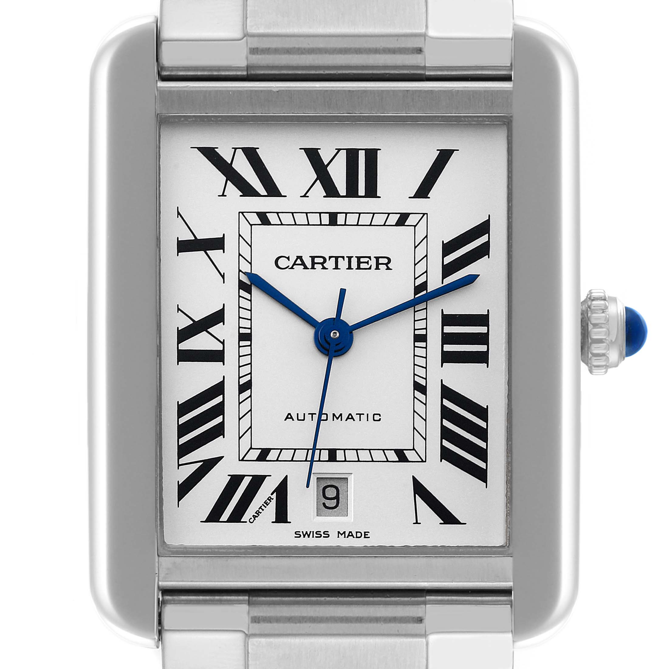 The image shows a close-up frontal view of the Cartier Tank Solo W5200028 Men
s Stainless Steel Silver Dial W5200028 Men
s Stainless Steel Silver Dial watch face, displaying the dial, hands, and Roman numerals.