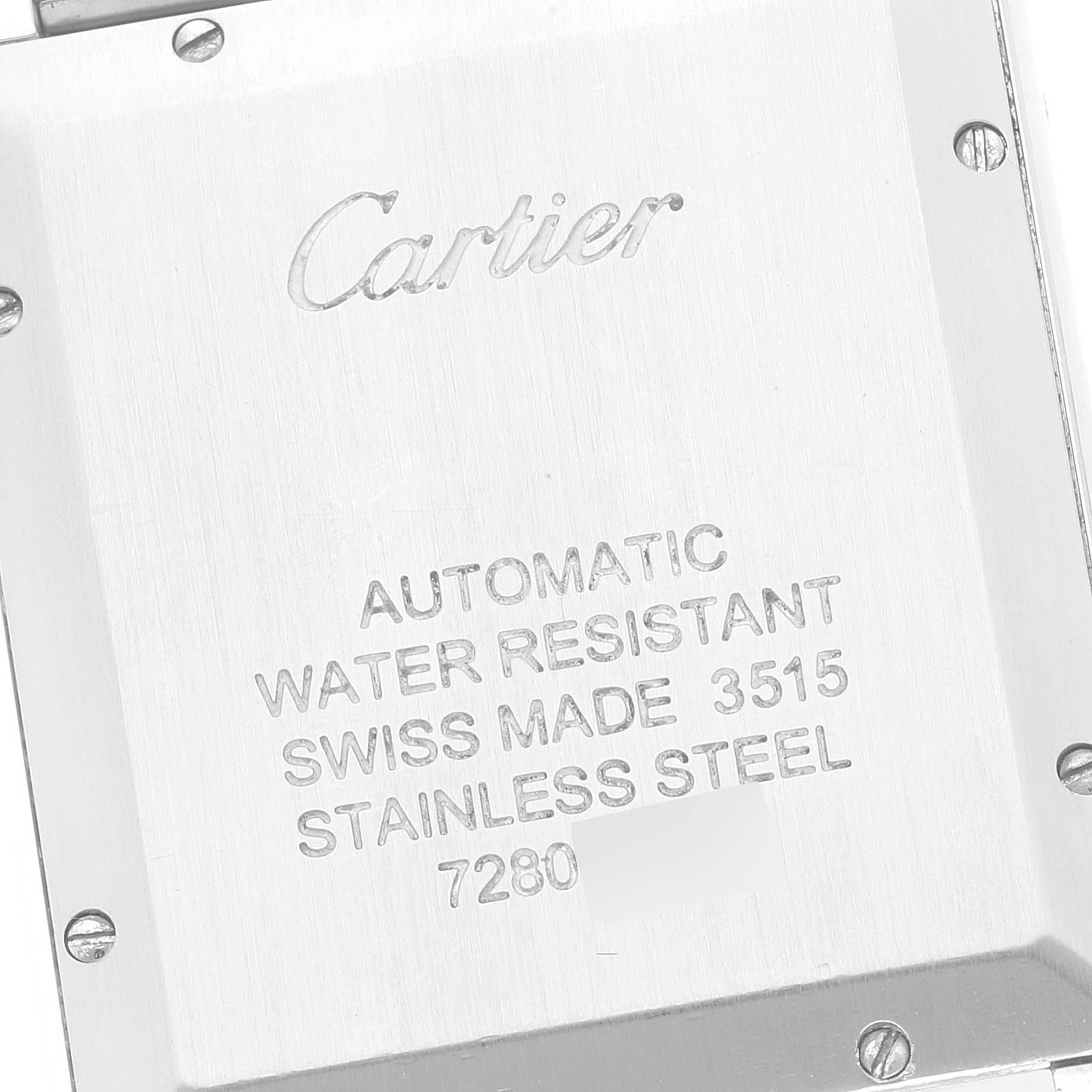 This image shows the back case of a Cartier Tank Solo W5200028 Men
s Stainless Steel Silver Dial W5200028 Men
s Stainless Steel Silver Dial watch, featuring engraved text detailing its specifications.